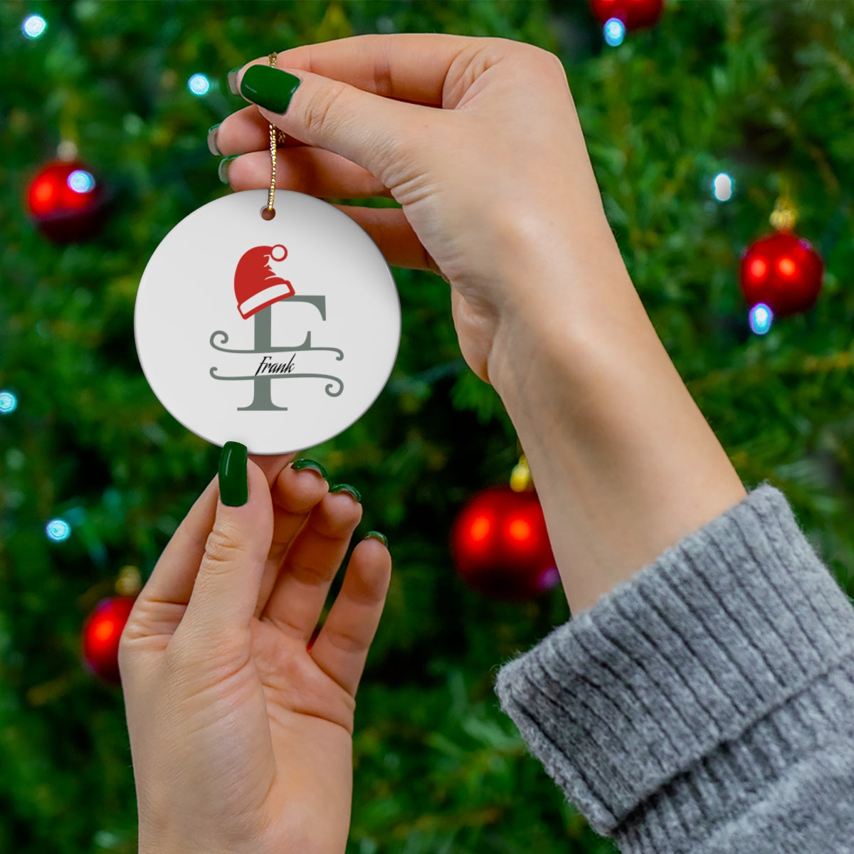 F Santa hat personalized name, Ceramic Ornament, 4 Shapes