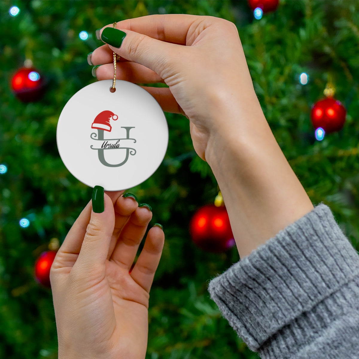 U Santa hat personalized name, Ceramic Ornament, 4 Shapes