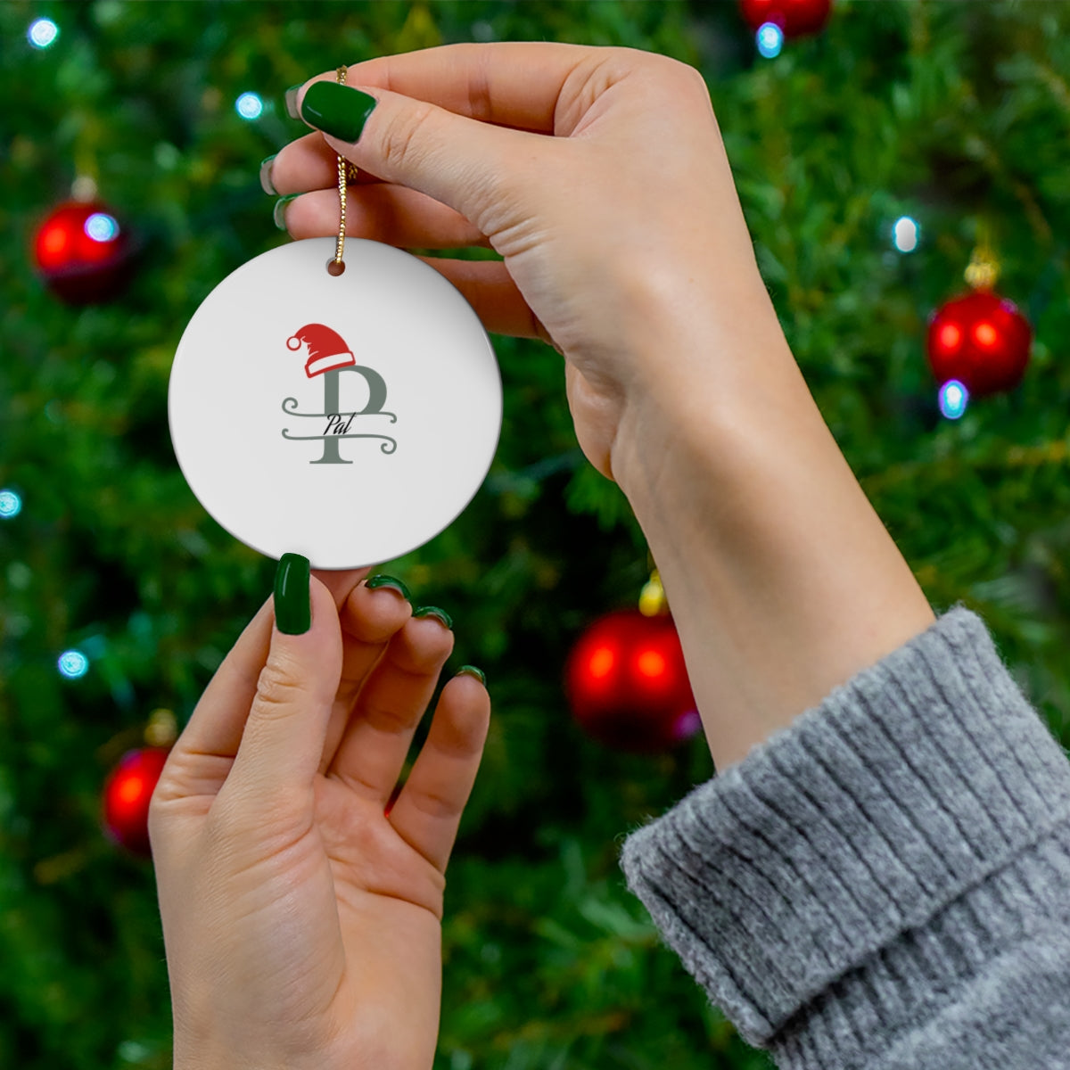P Santa hat personalized name, Ceramic Ornament, 4 Shapes