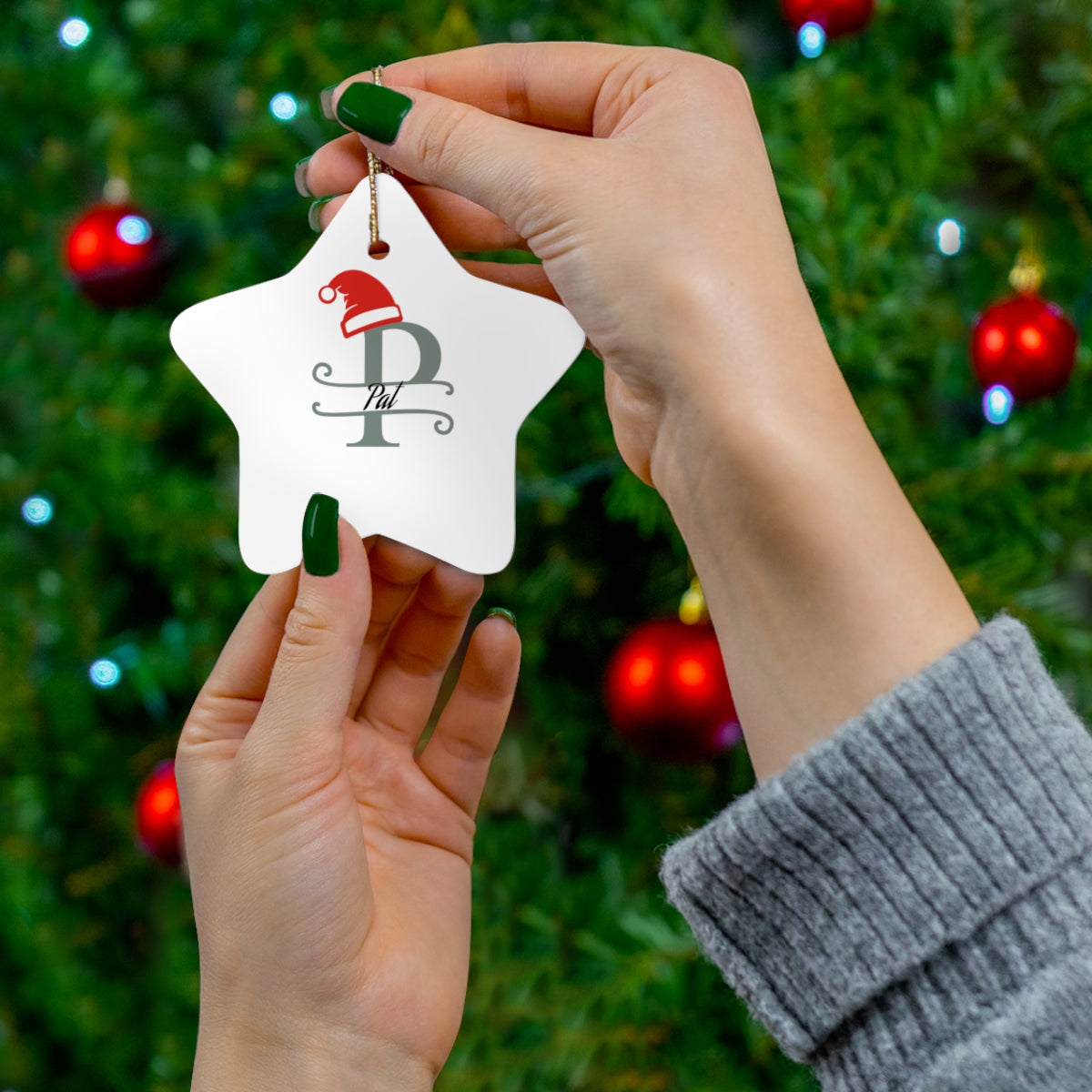 P Santa hat personalized name, Ceramic Ornament, 4 Shapes