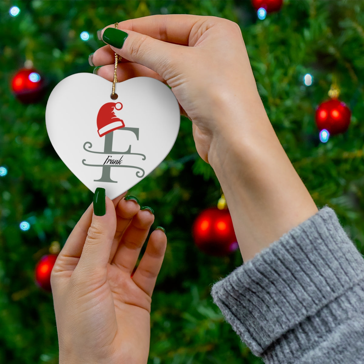 F Santa hat personalized name, Ceramic Ornament, 4 Shapes