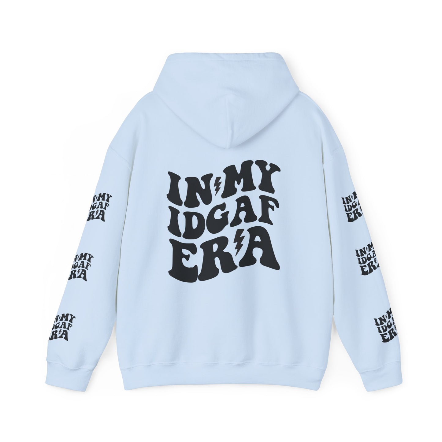 In my IDGAF era,  Unisex Heavy Blend™ Hooded Sweatshirt (side arm design)