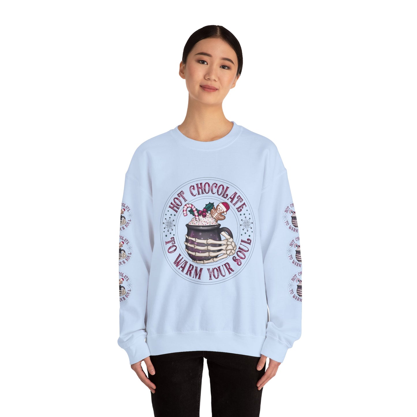 Hot chocolate to warm up my soul, Unisex Heavy Blend™ Crewneck Sweatshirt (Sleeve design)