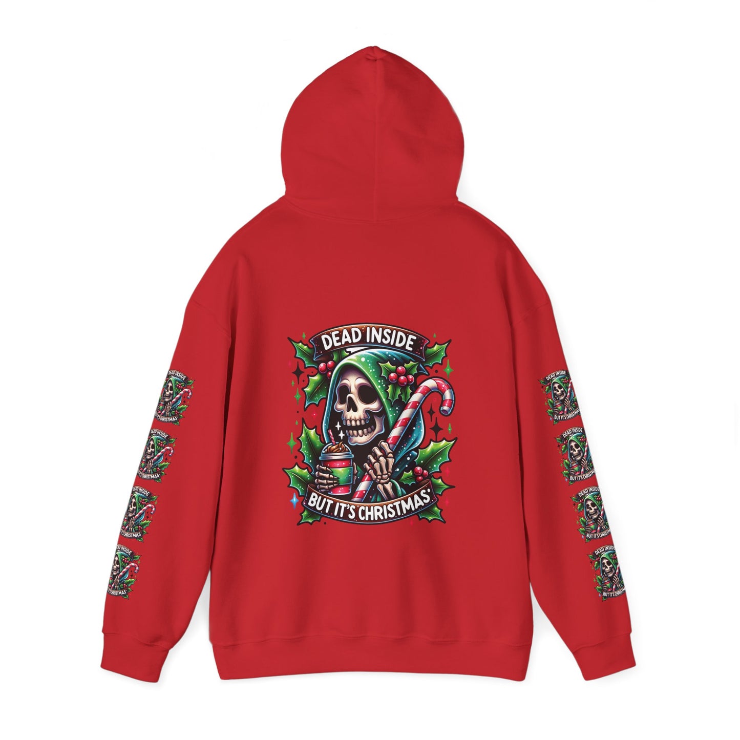 Dead inside but it’s Christmas,  Unisex Heavy Blend™ Hooded Sweatshirt (sleeve arm design)