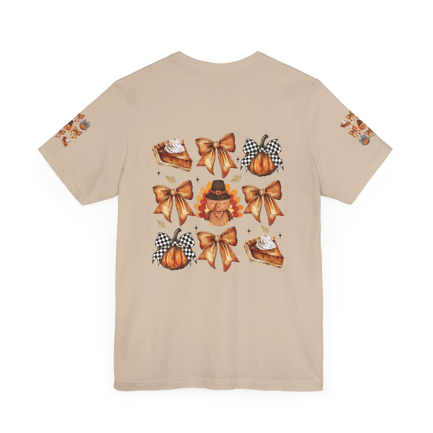 Thanksgiving and bows, Unisex Jersey Short Sleeve Tee (sleeve design)