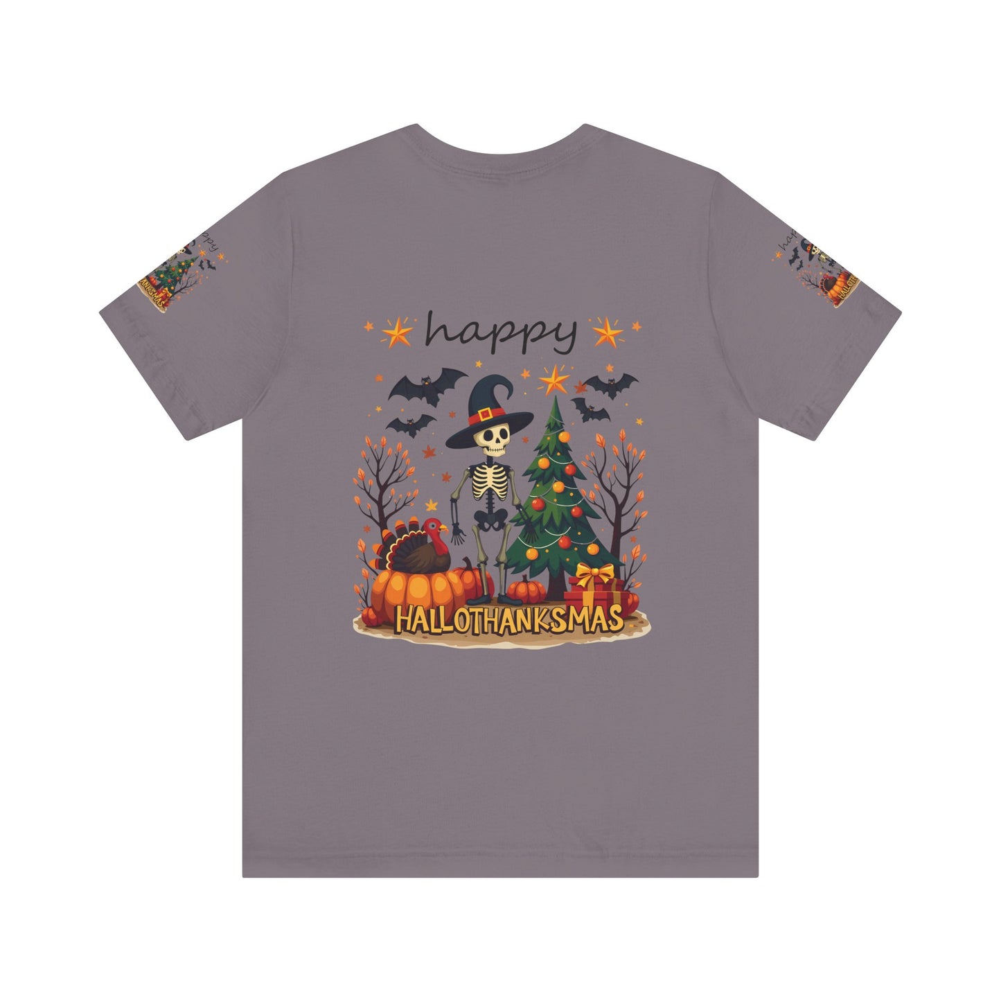 Hello hallothanksmas, Unisex Jersey Short Sleeve Tee ( sleeve design)