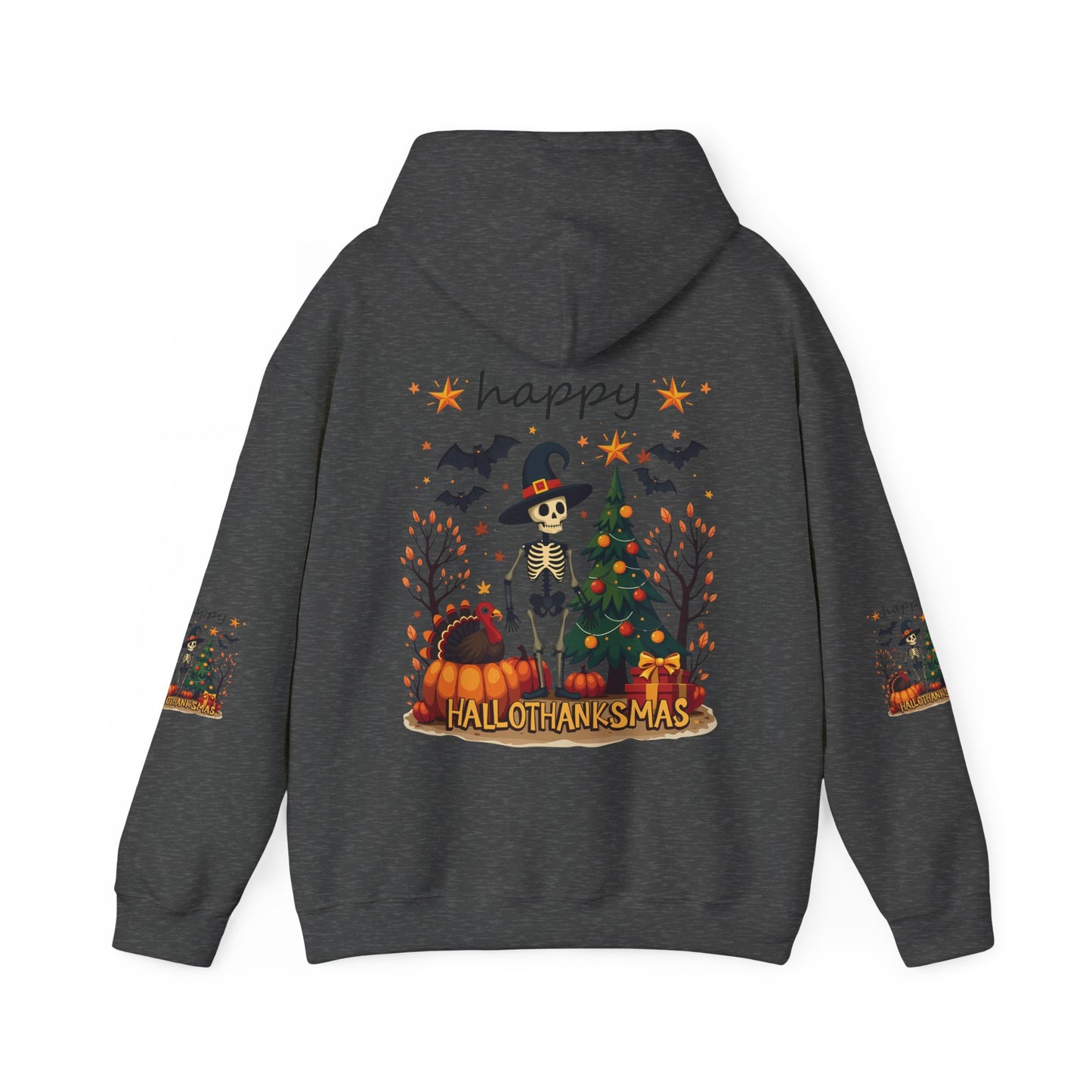 Happy hellothanksmas ,  Unisex Heavy Blend™ Hooded Sweatshirt (sleeve arm design)