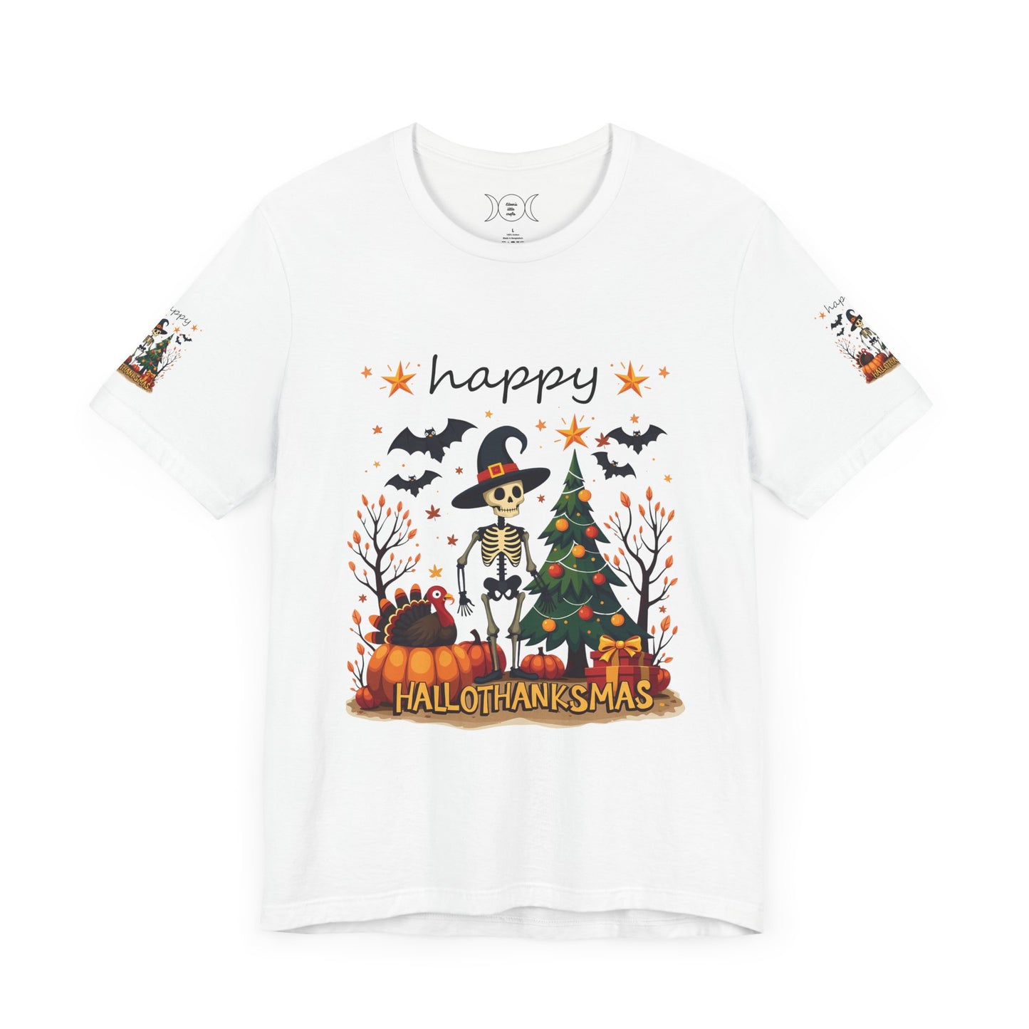 Hello hallothanksmas, Unisex Jersey Short Sleeve Tee ( sleeve design)