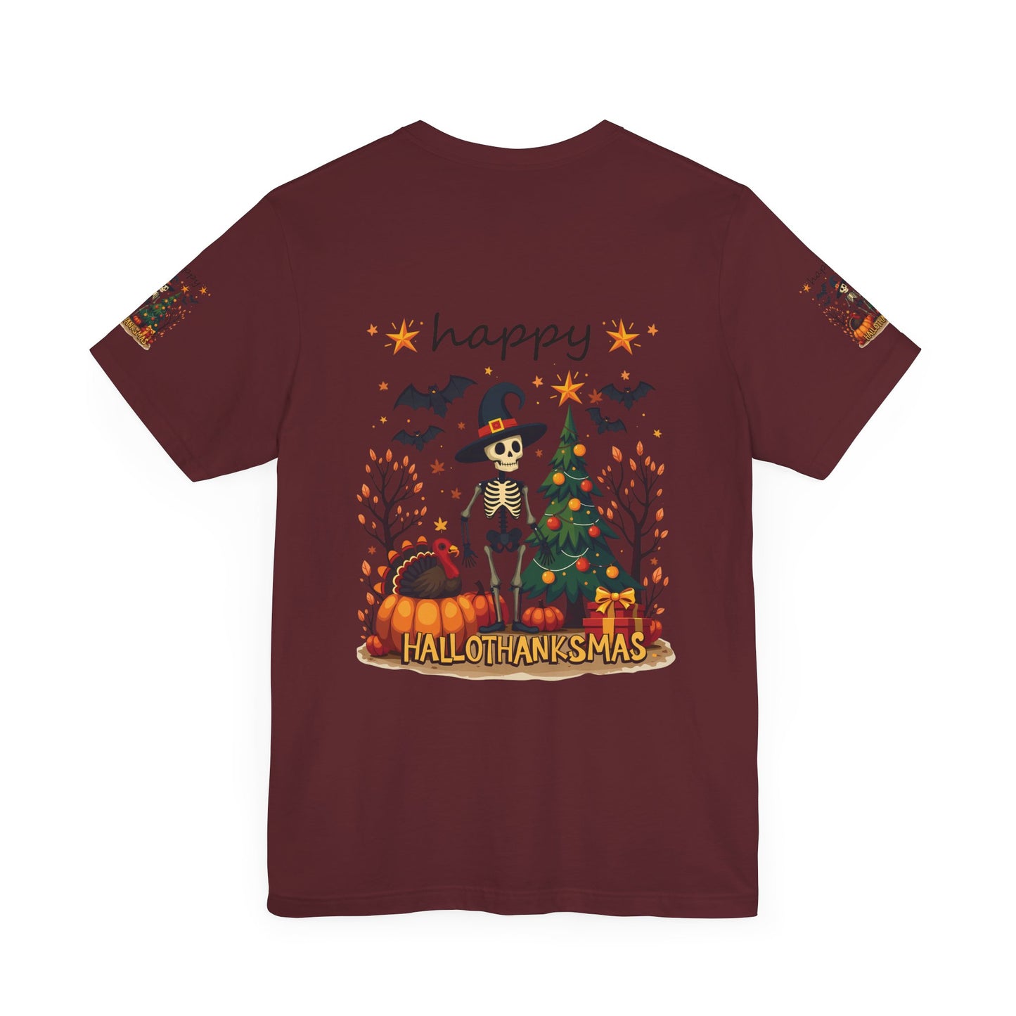 Hello hallothanksmas, Unisex Jersey Short Sleeve Tee ( sleeve design)