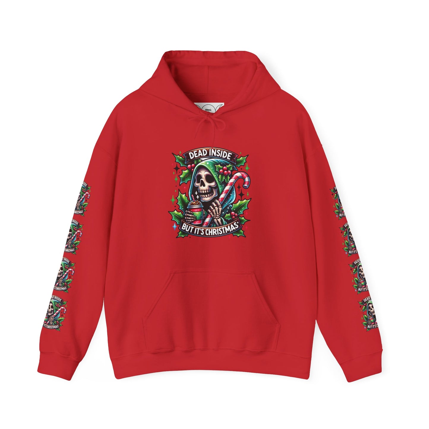 Dead inside but it’s Christmas,  Unisex Heavy Blend™ Hooded Sweatshirt (sleeve arm design)