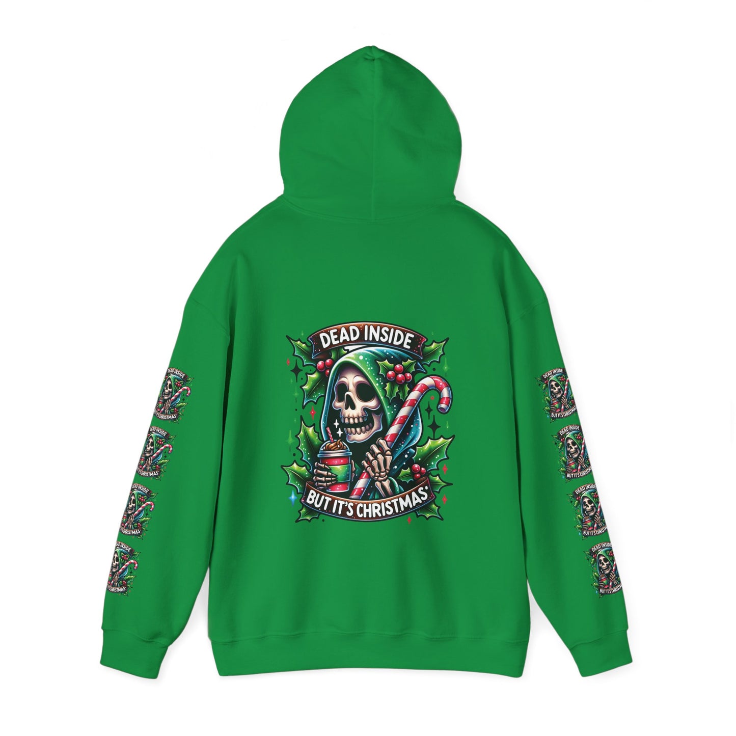 Dead inside but it’s Christmas,  Unisex Heavy Blend™ Hooded Sweatshirt (sleeve arm design)