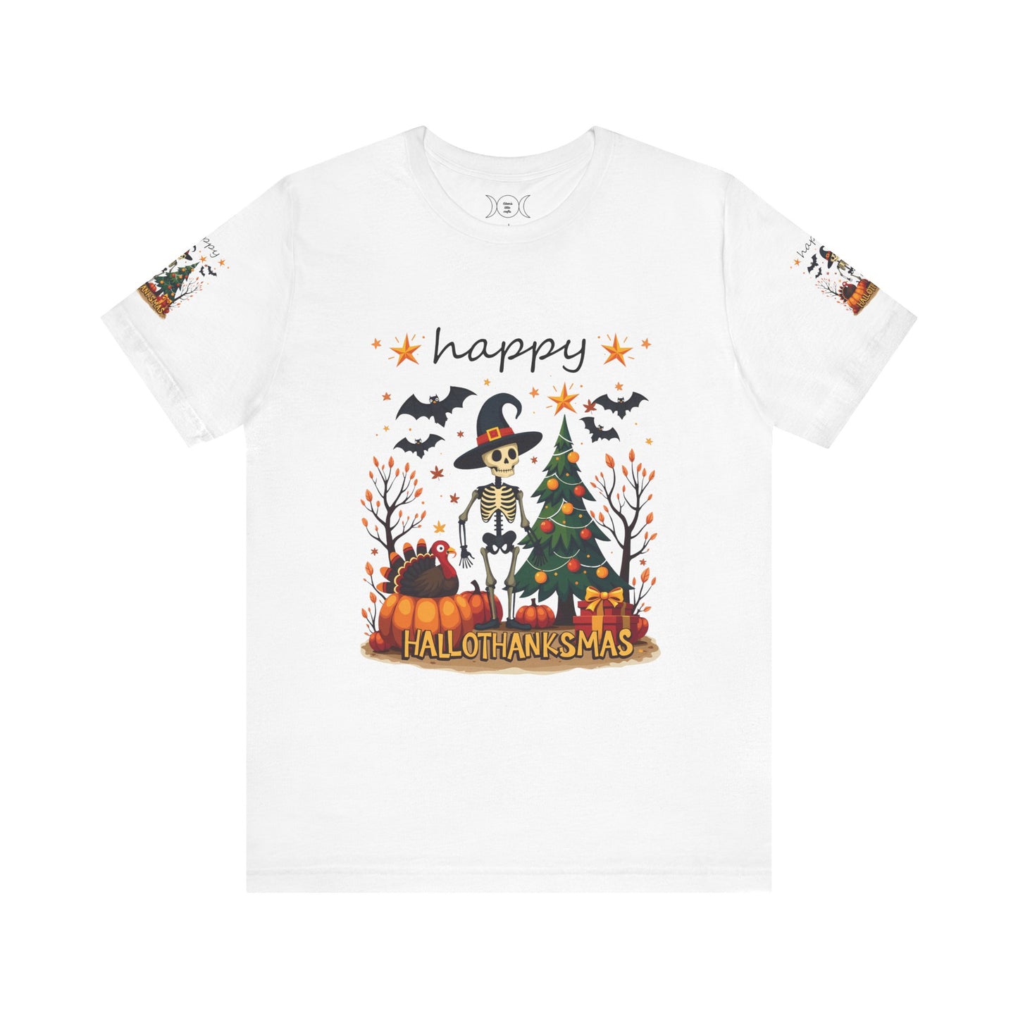 Hello hallothanksmas, Unisex Jersey Short Sleeve Tee ( sleeve design)