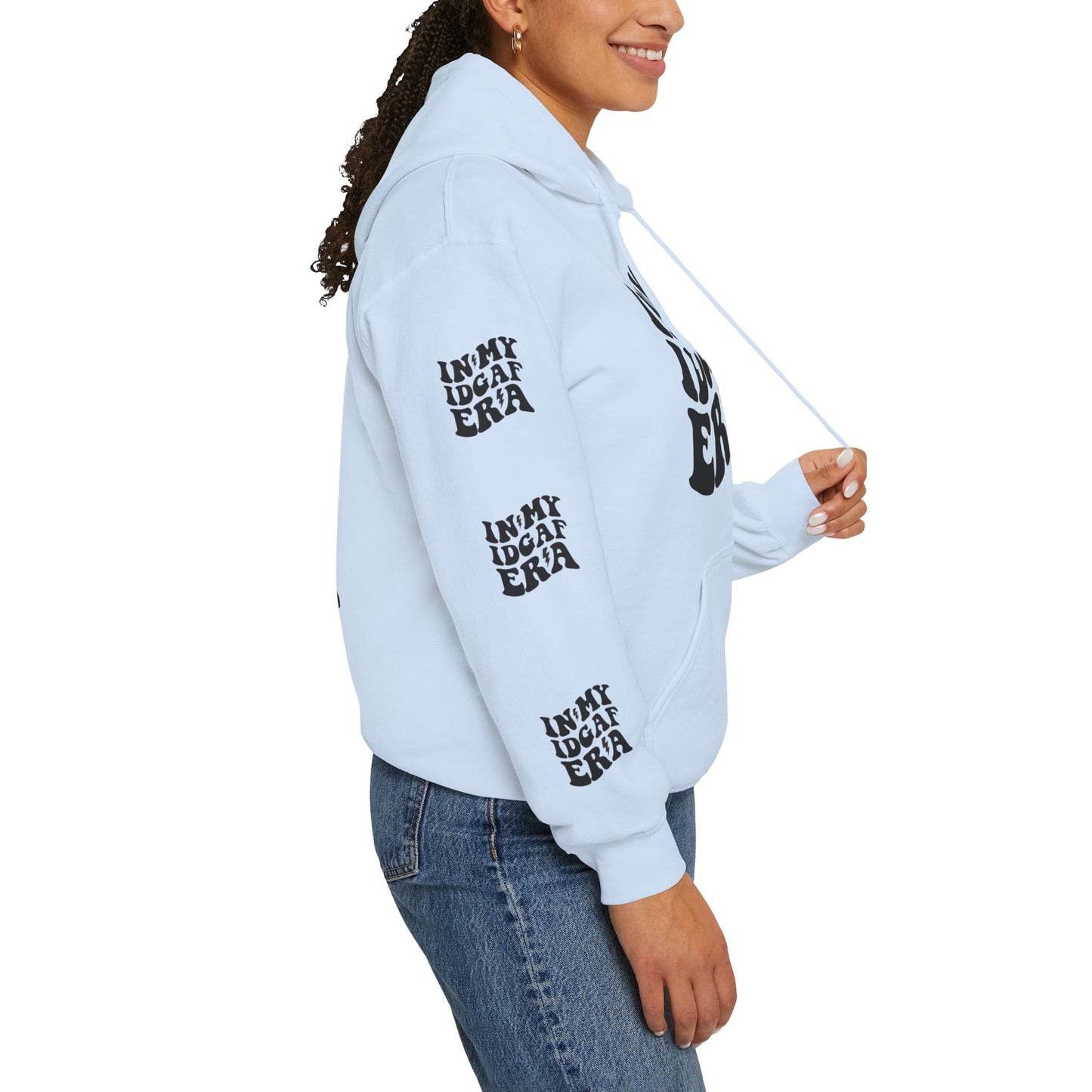 In my IDGAF era,  Unisex Heavy Blend™ Hooded Sweatshirt (side arm design)