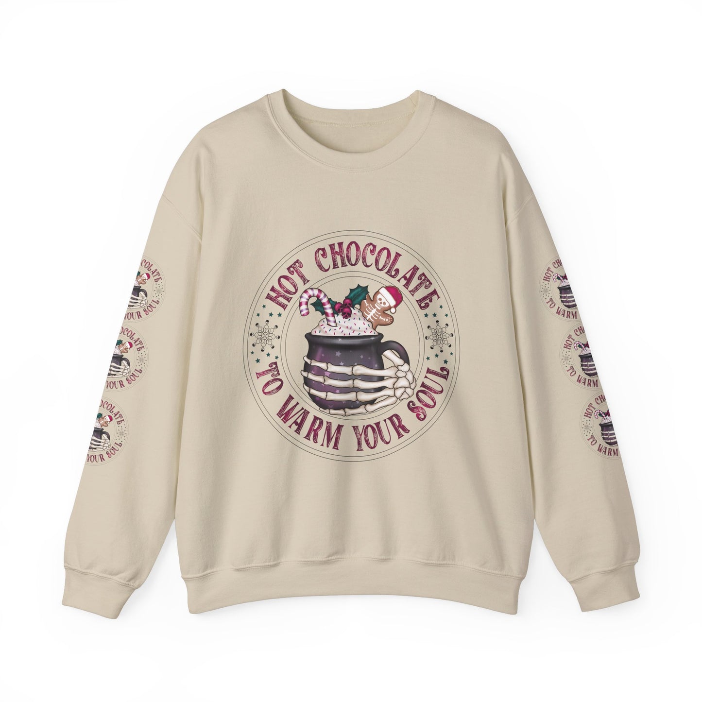 Hot chocolate to warm up my soul, Unisex Heavy Blend™ Crewneck Sweatshirt (Sleeve design)