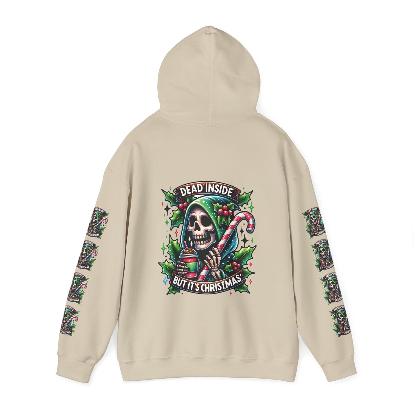 Dead inside but it’s Christmas,  Unisex Heavy Blend™ Hooded Sweatshirt (sleeve arm design)