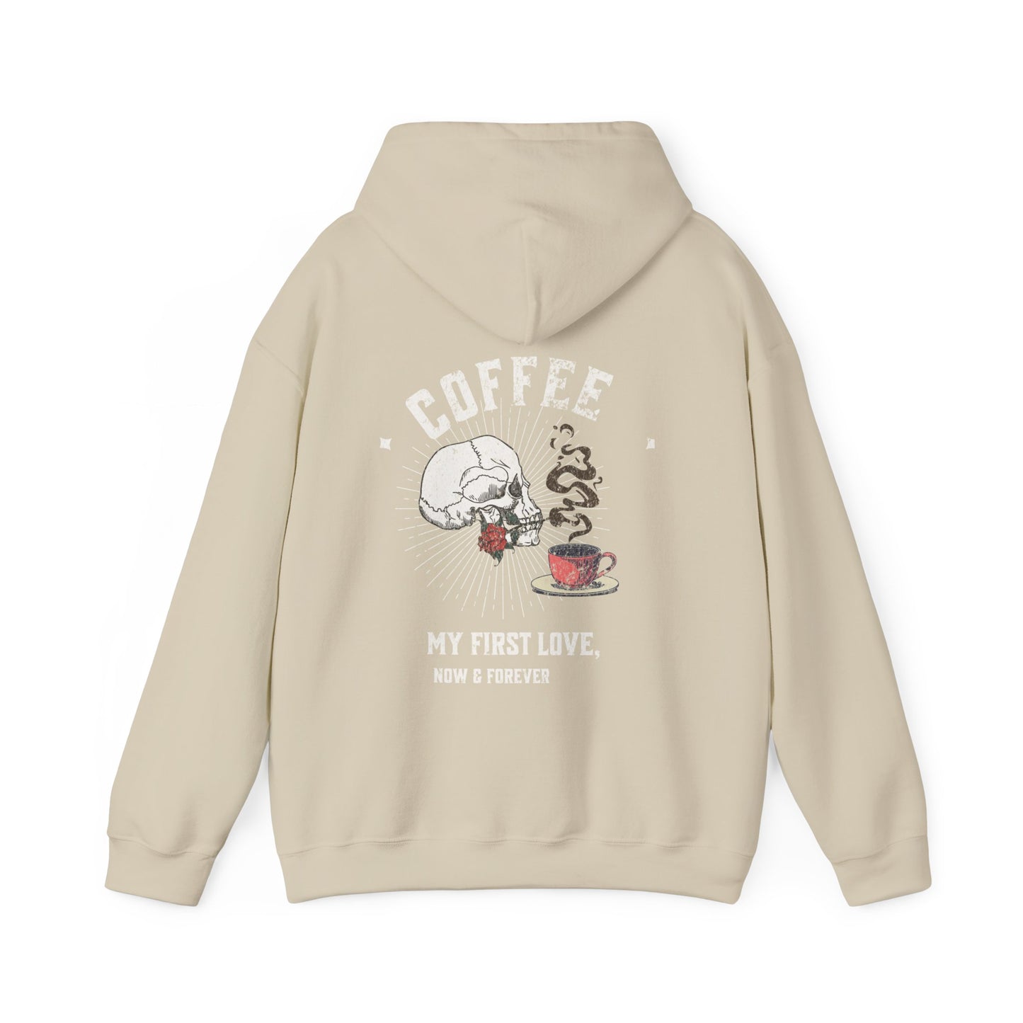 Coffee my first love now & forever, Unisex Heavy Blend™ Hooded Sweatshirt (no sleeve arm design)