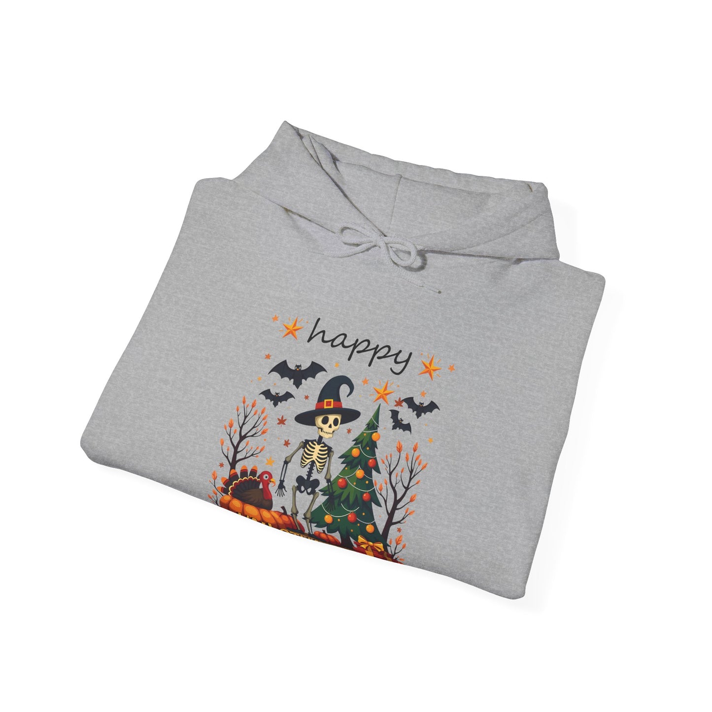 Happy hellothanksmas ,  Unisex Heavy Blend™ Hooded Sweatshirt (sleeve arm design)