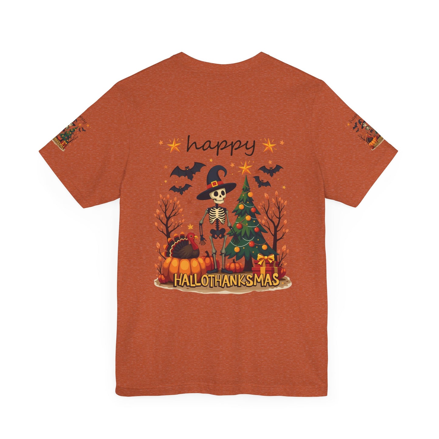 Hello hallothanksmas, Unisex Jersey Short Sleeve Tee ( sleeve design)