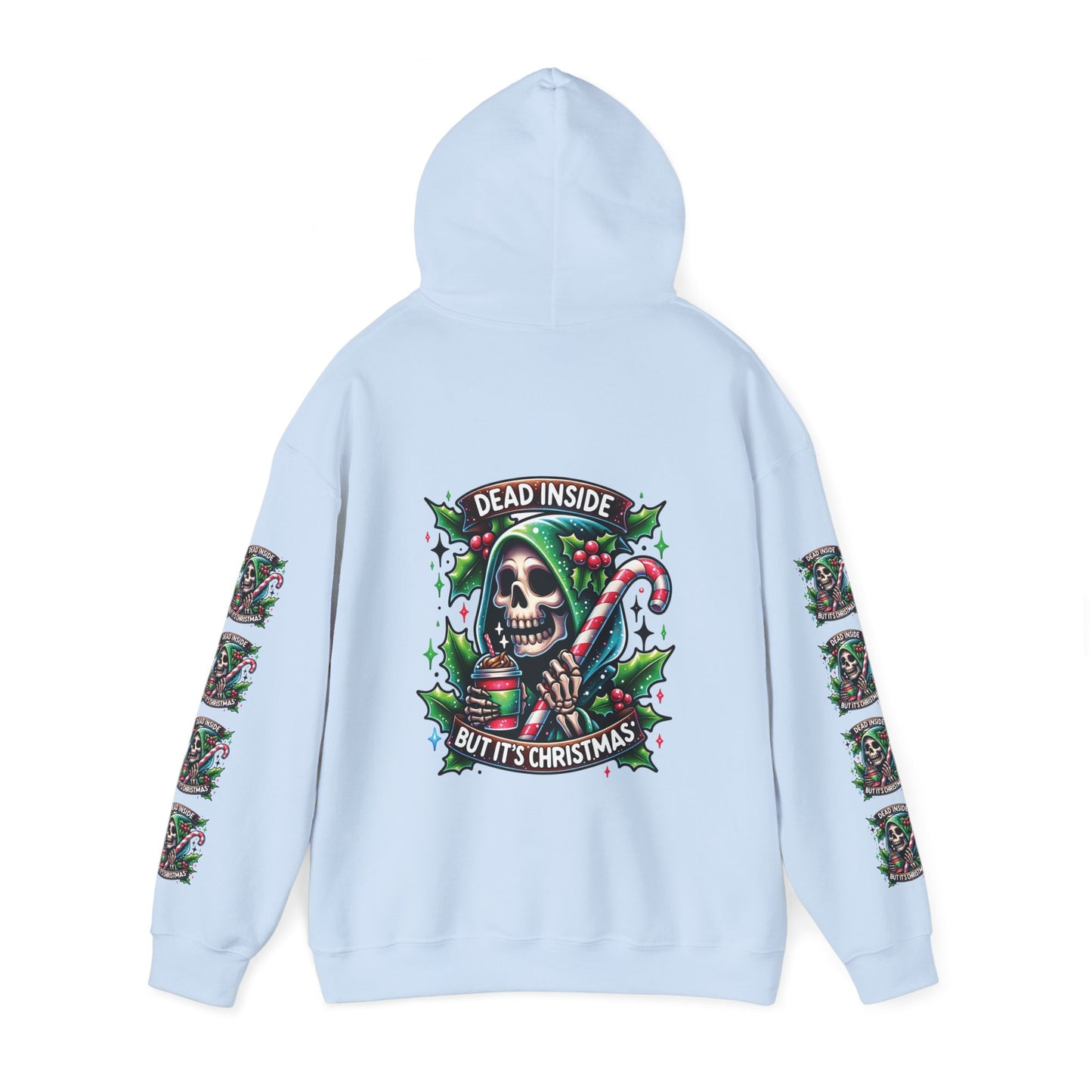 Dead inside but it’s Christmas,  Unisex Heavy Blend™ Hooded Sweatshirt (sleeve arm design)