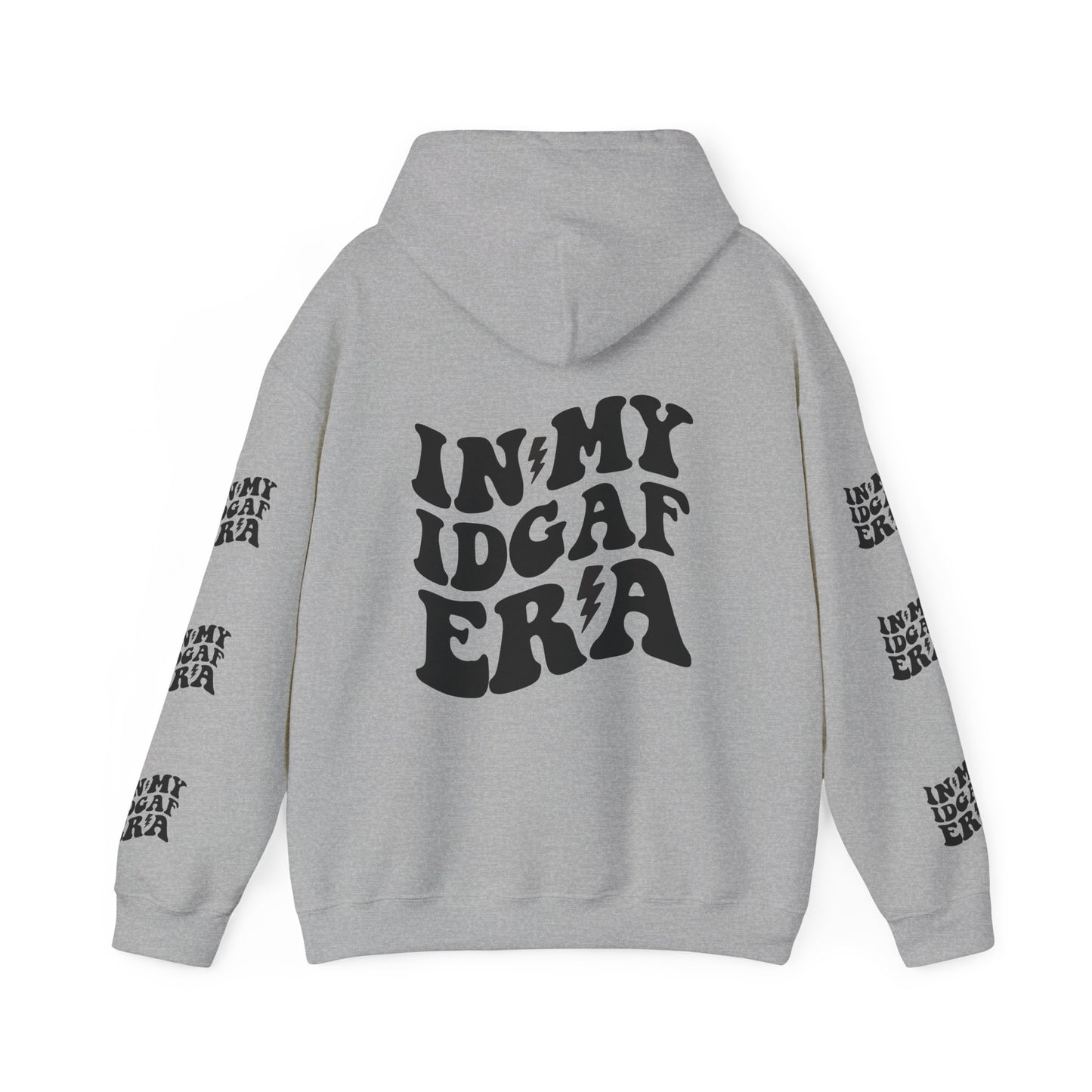 In my IDGAF era,  Unisex Heavy Blend™ Hooded Sweatshirt (side arm design)