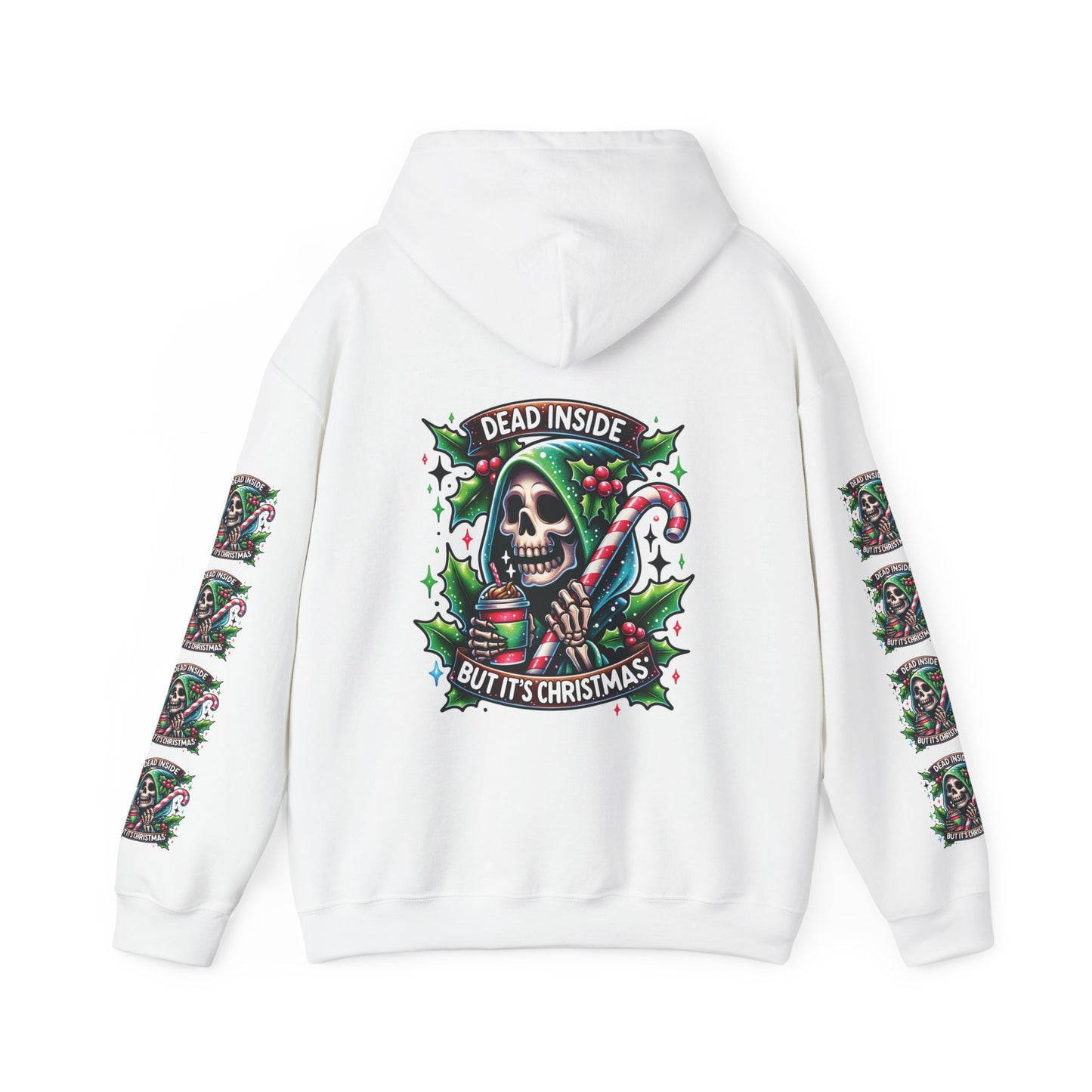 Dead inside but it’s Christmas,  Unisex Heavy Blend™ Hooded Sweatshirt (sleeve arm design)