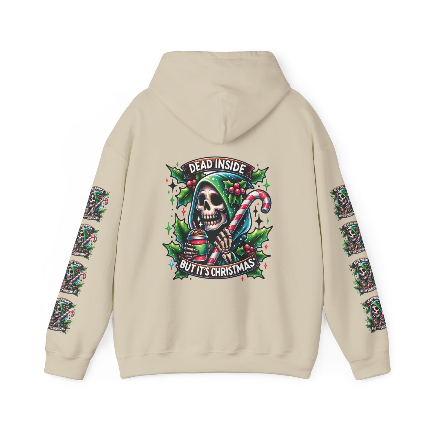 Dead inside but it’s Christmas,  Unisex Heavy Blend™ Hooded Sweatshirt (sleeve arm design)