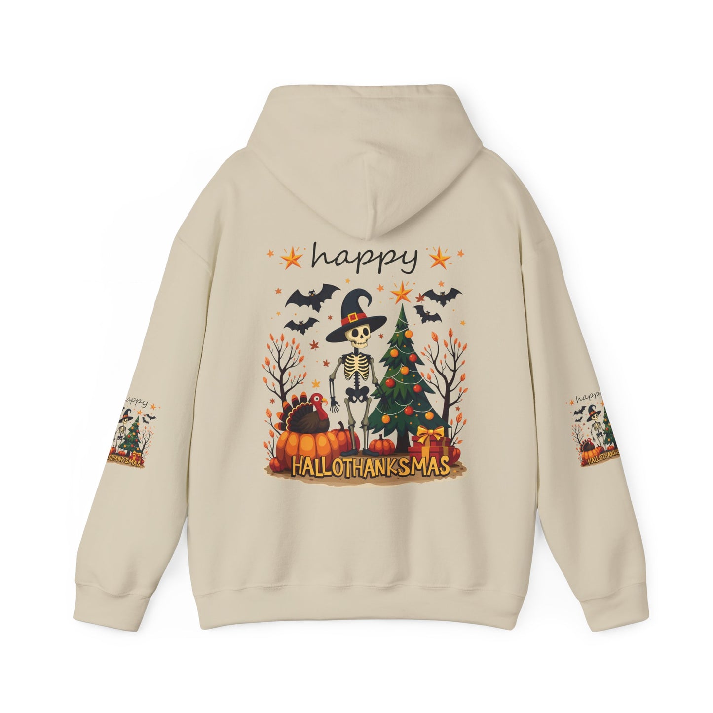 Happy hellothanksmas ,  Unisex Heavy Blend™ Hooded Sweatshirt (sleeve arm design)