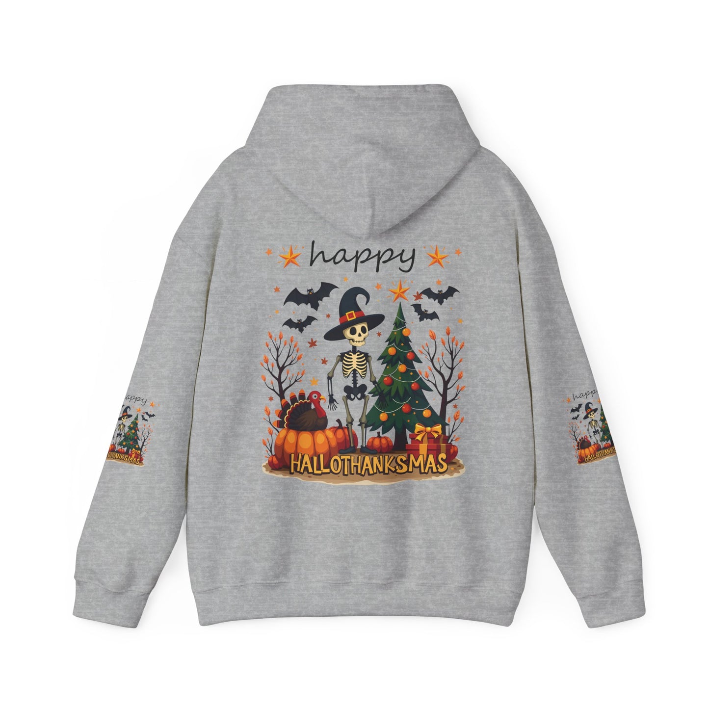 Happy hellothanksmas ,  Unisex Heavy Blend™ Hooded Sweatshirt (sleeve arm design)