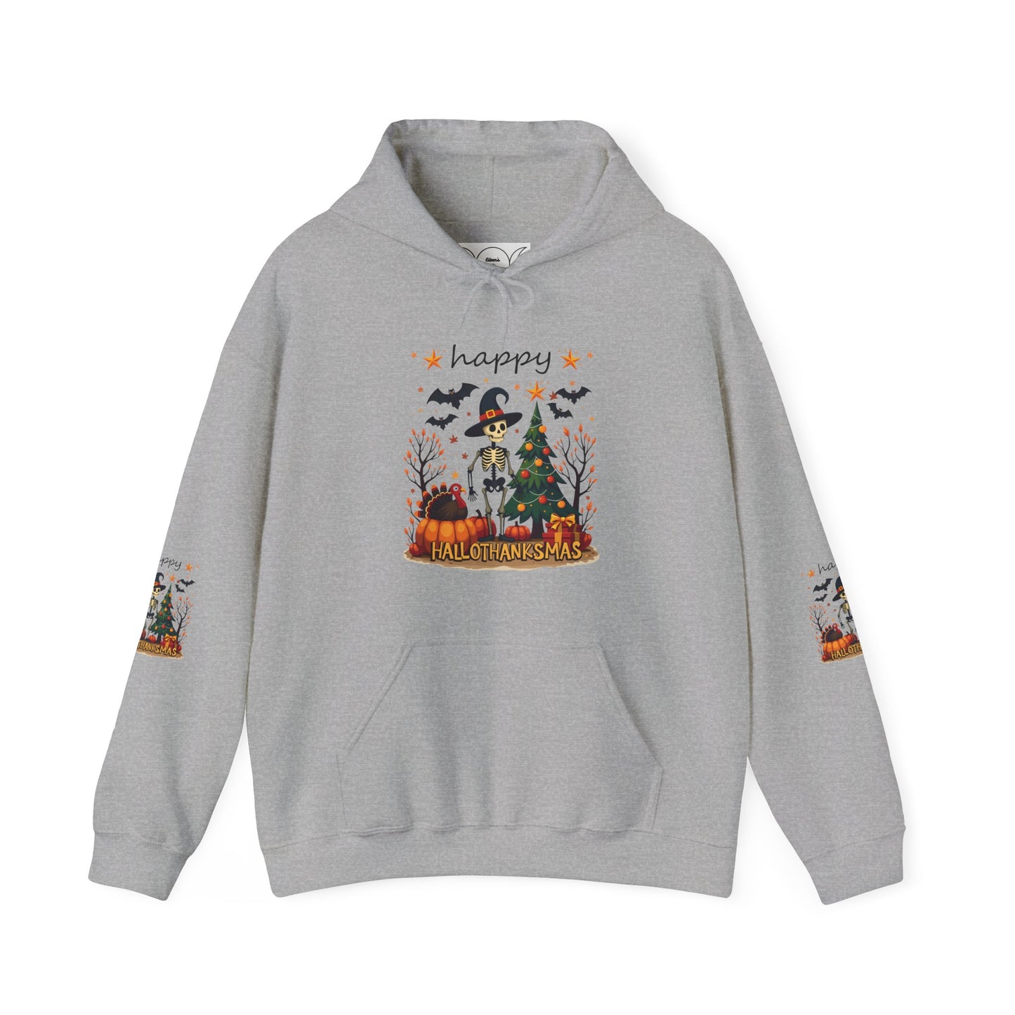 Happy hellothanksmas ,  Unisex Heavy Blend™ Hooded Sweatshirt (sleeve arm design)