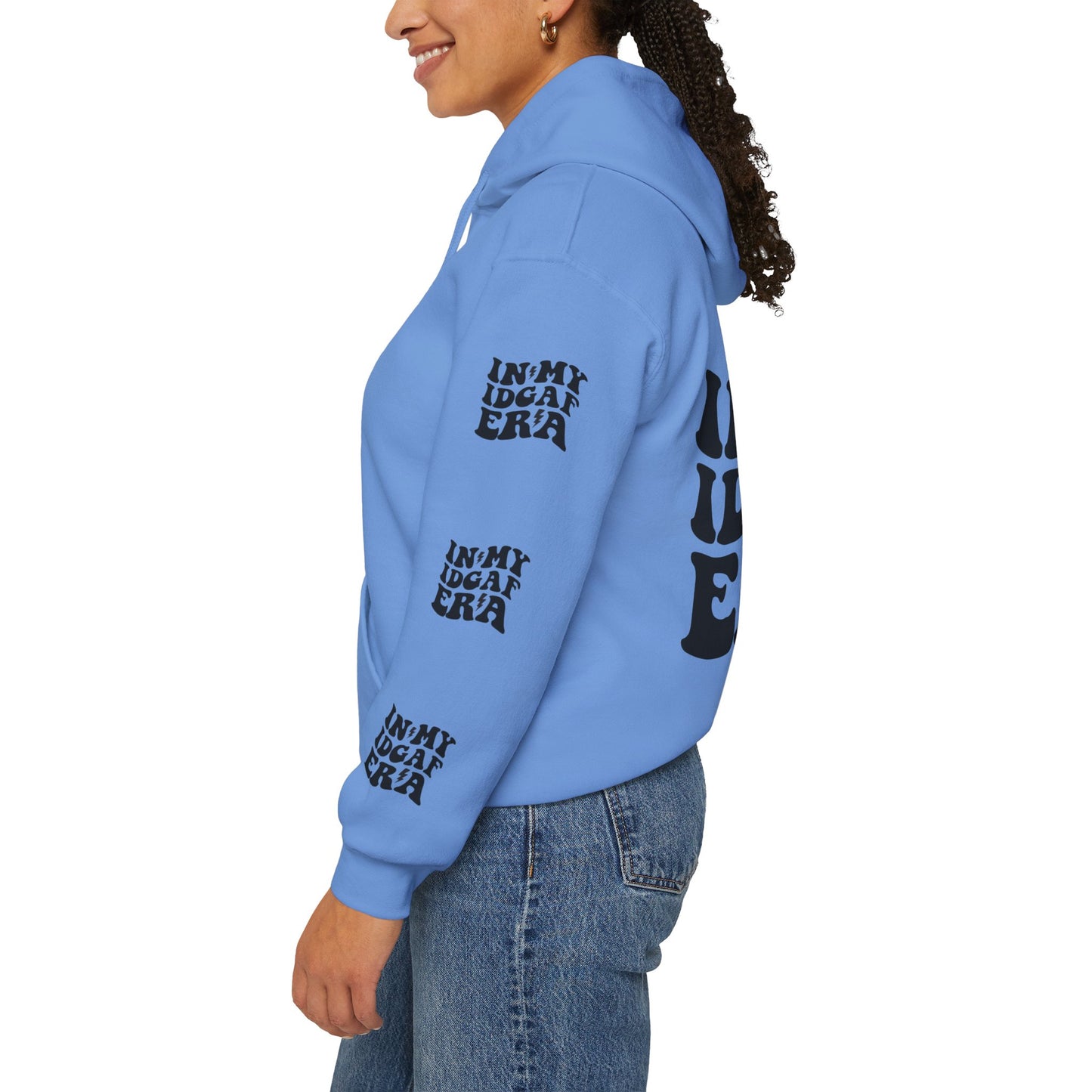 In my IDGAF era,  Unisex Heavy Blend™ Hooded Sweatshirt (side arm design)