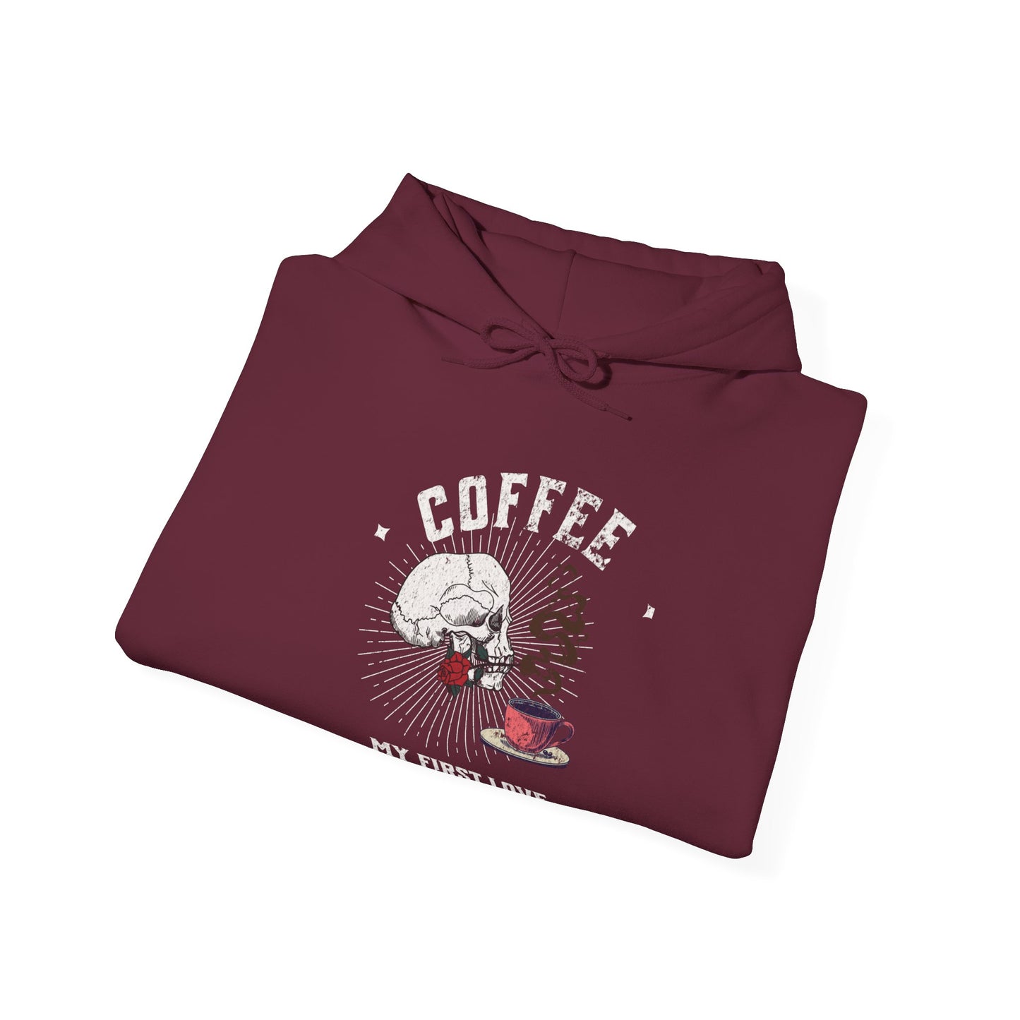 Coffee my first love now & forever, Unisex Heavy Blend™ Hooded Sweatshirt (no sleeve arm design)