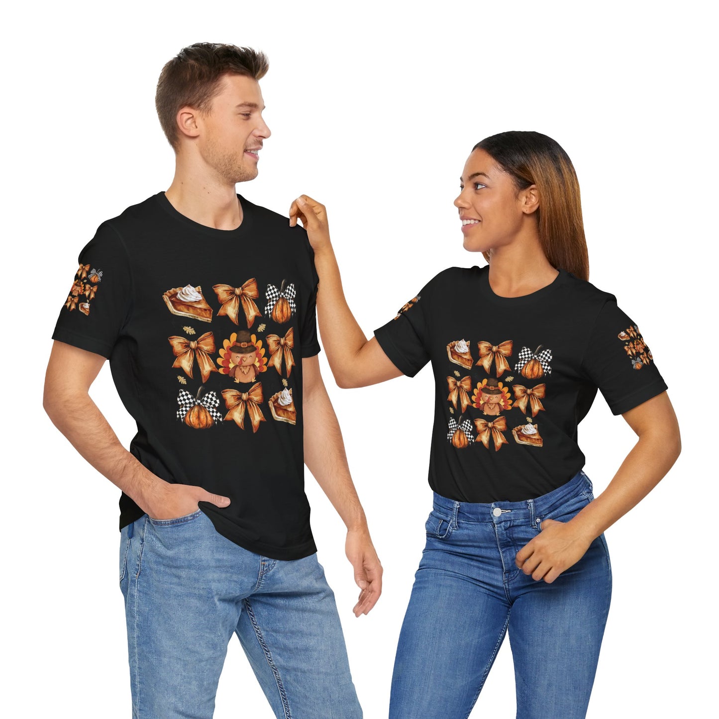 Thanksgiving and bows, Unisex Jersey Short Sleeve Tee (sleeve design)