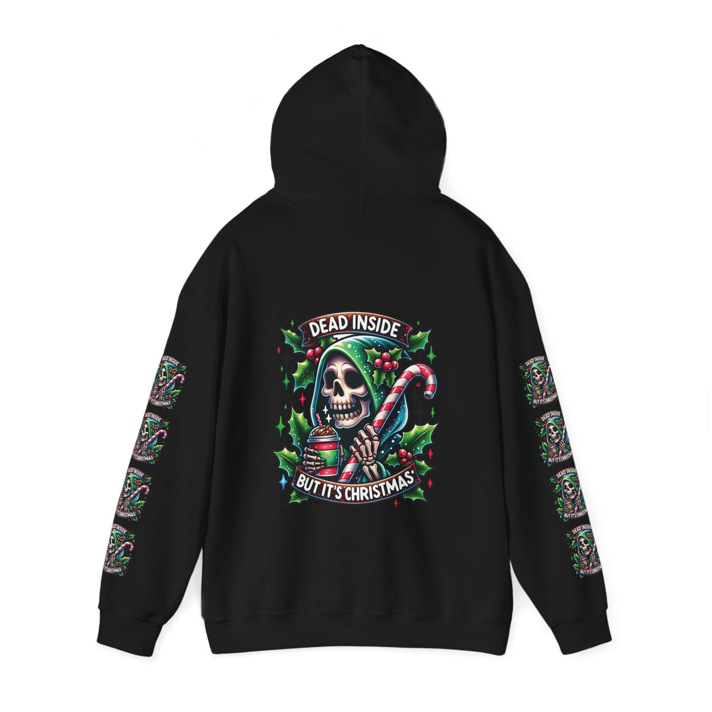 Dead inside but it’s Christmas,  Unisex Heavy Blend™ Hooded Sweatshirt (sleeve arm design)