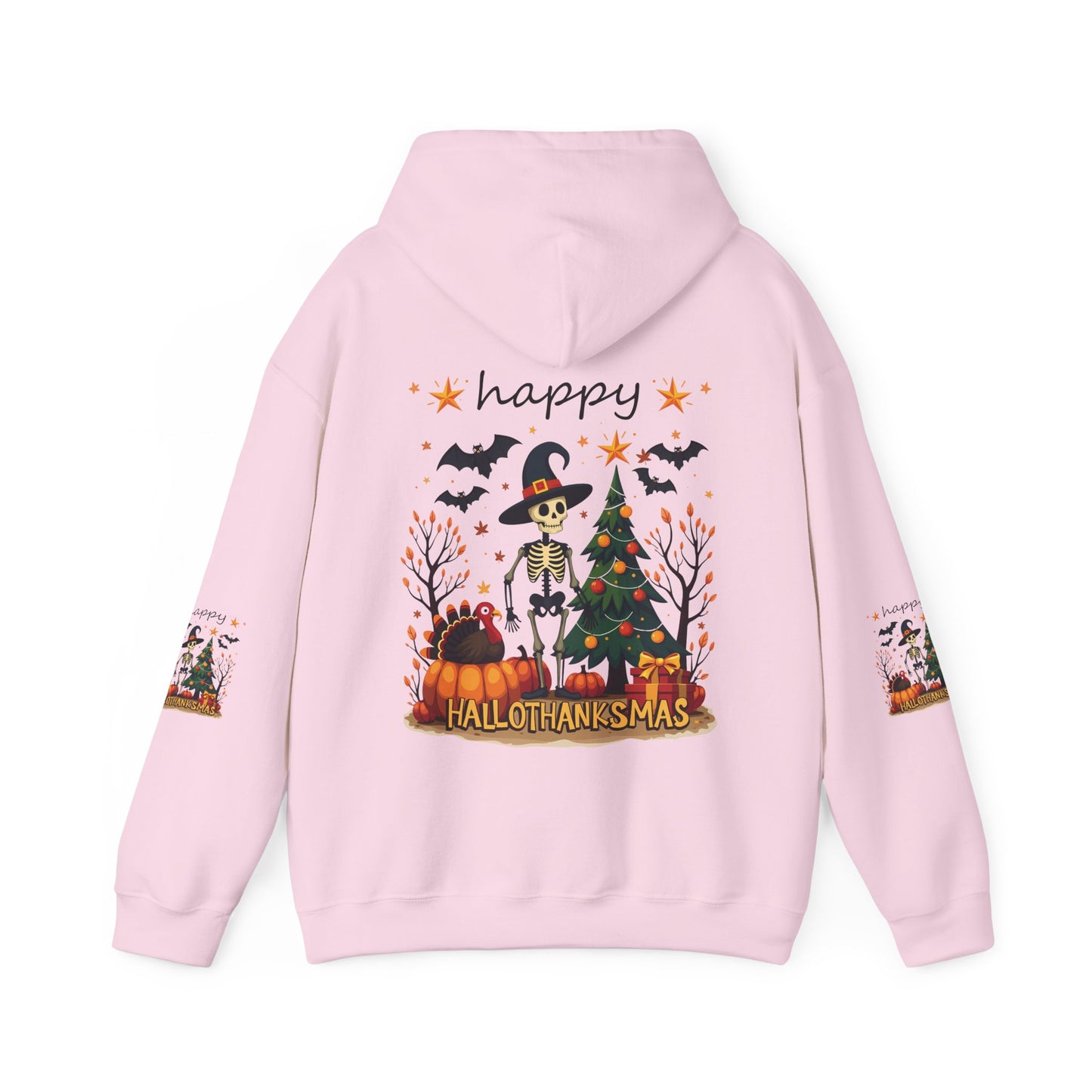 Happy hellothanksmas ,  Unisex Heavy Blend™ Hooded Sweatshirt (sleeve arm design)