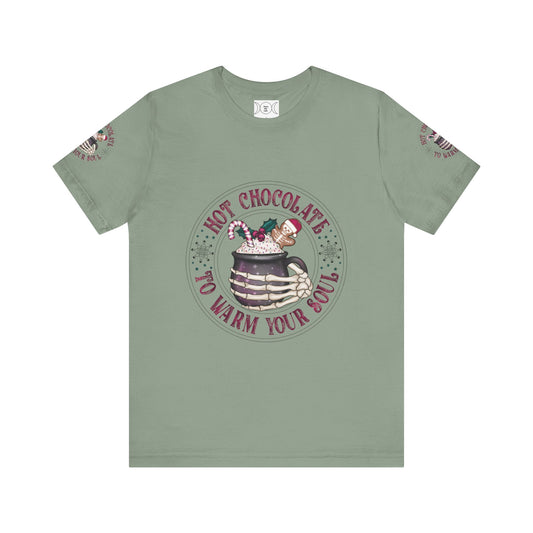 Hot chocolate to warm up my soul, Unisex Jersey Short Sleeve Tee (sleeve design)