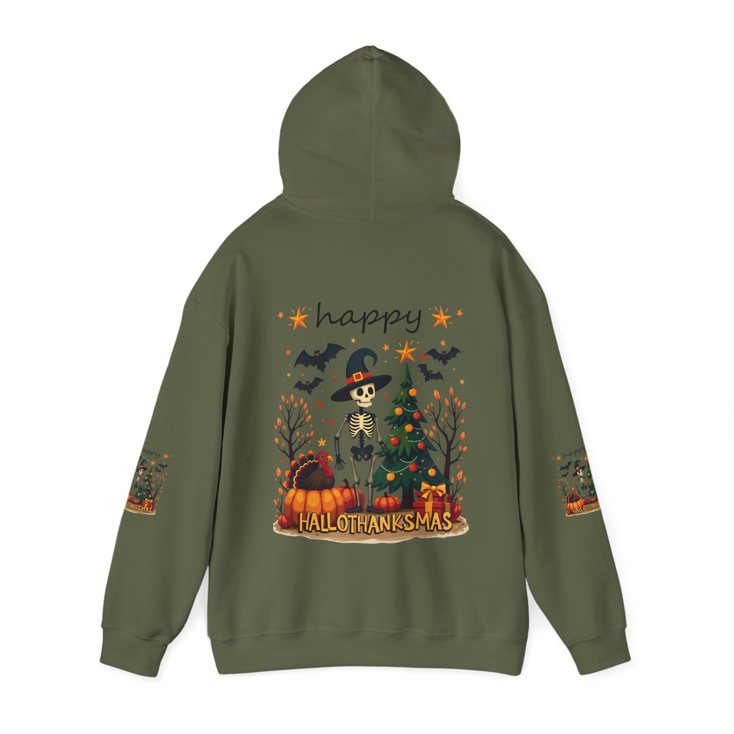 Happy hellothanksmas ,  Unisex Heavy Blend™ Hooded Sweatshirt (sleeve arm design)