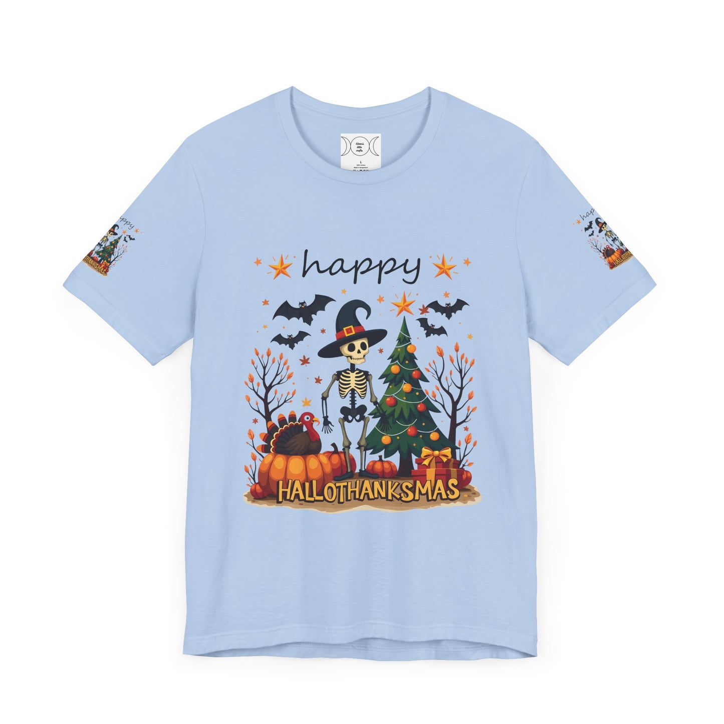 Hello hallothanksmas, Unisex Jersey Short Sleeve Tee ( sleeve design)