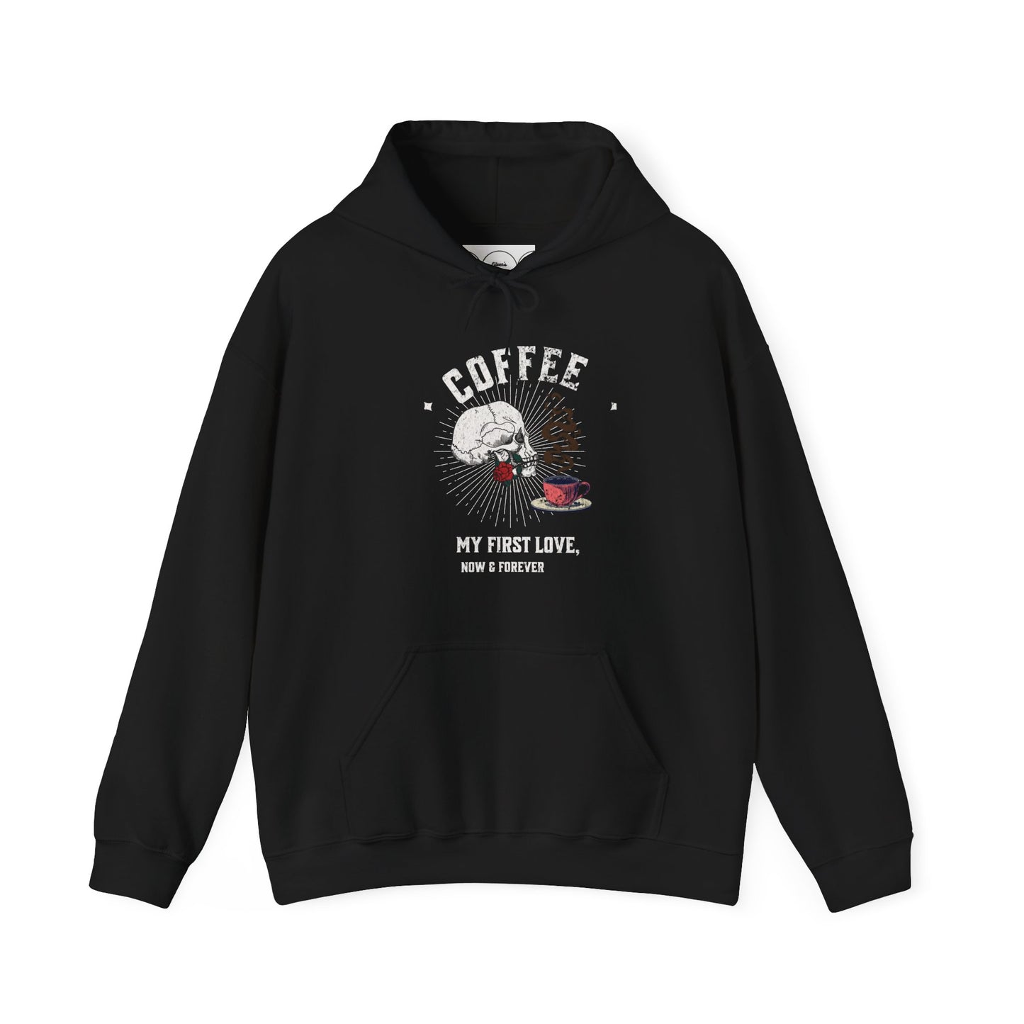 Coffee my first love now & forever, Unisex Heavy Blend™ Hooded Sweatshirt (no sleeve arm design)