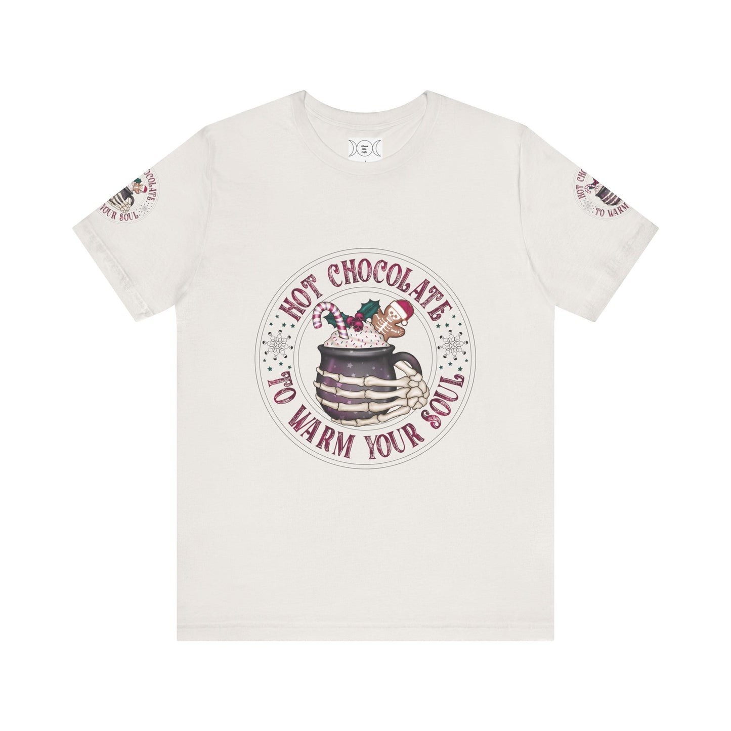 Hot chocolate to warm up my soul, Unisex Jersey Short Sleeve Tee (sleeve design)