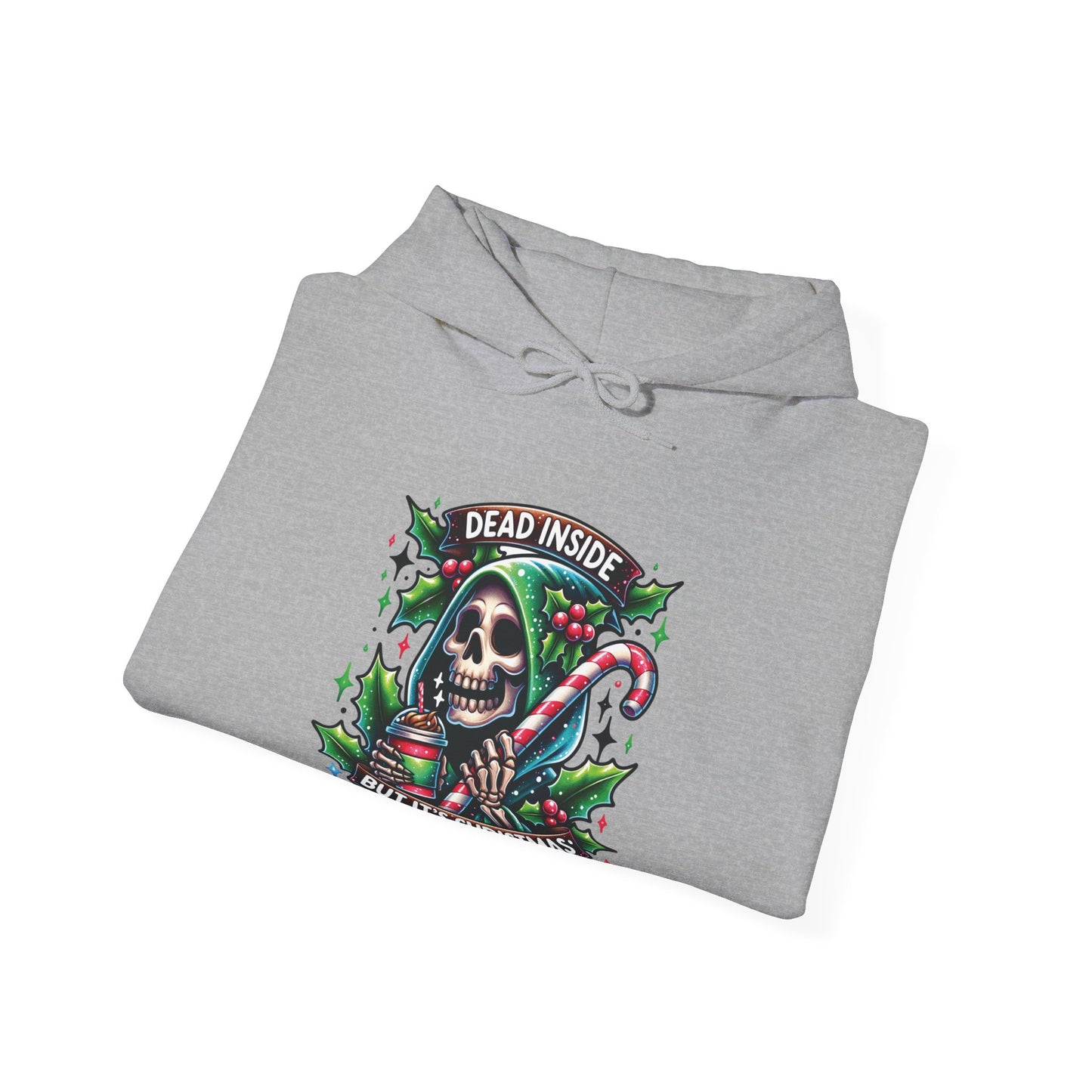 Dead inside but it’s Christmas,  Unisex Heavy Blend™ Hooded Sweatshirt (sleeve arm design)