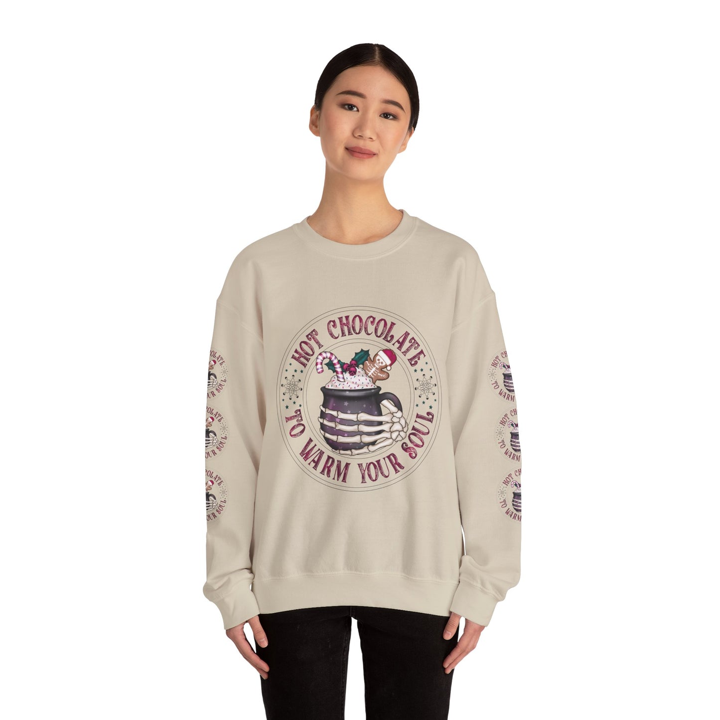 Hot chocolate to warm up my soul, Unisex Heavy Blend™ Crewneck Sweatshirt (Sleeve design)