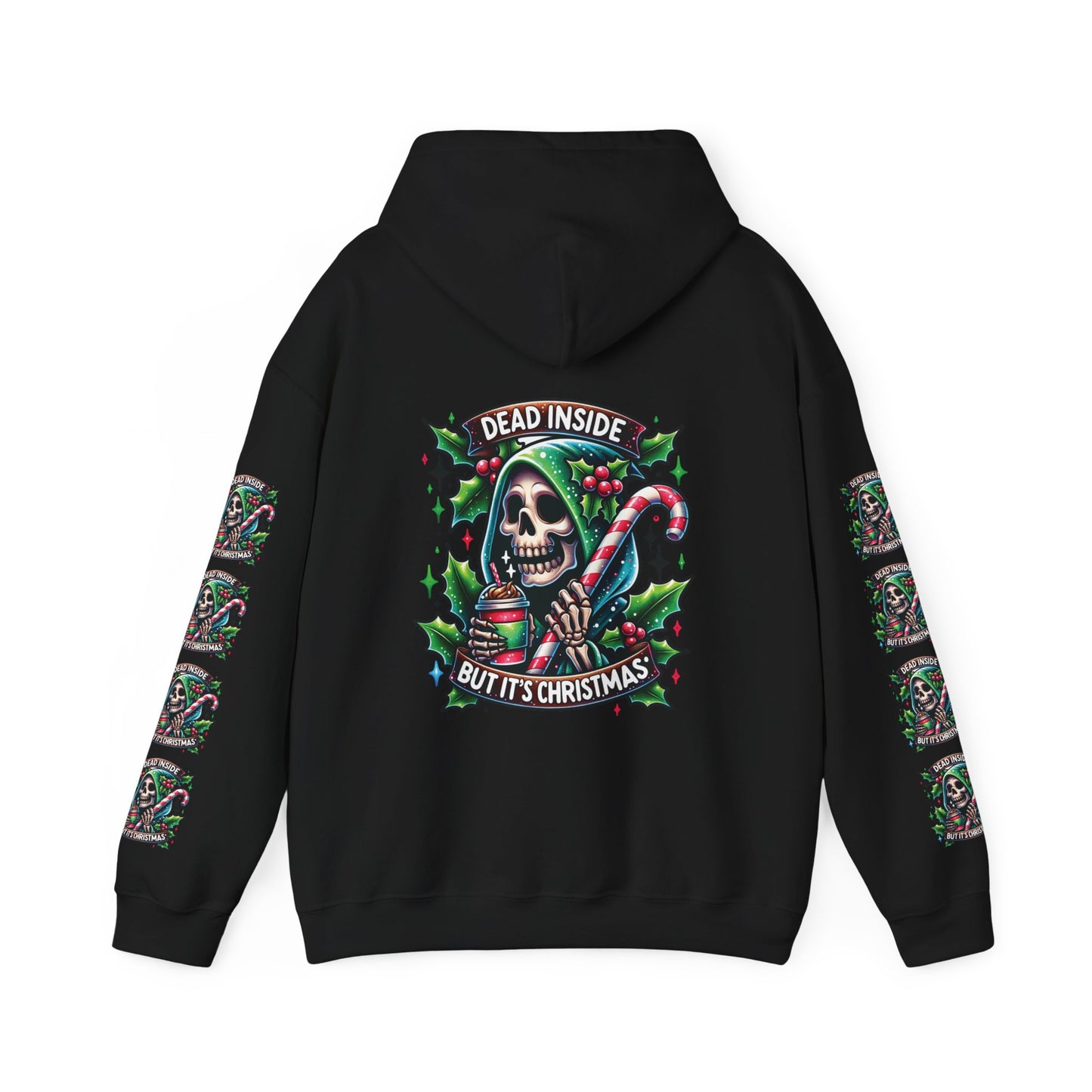 Dead inside but it’s Christmas,  Unisex Heavy Blend™ Hooded Sweatshirt (sleeve arm design)