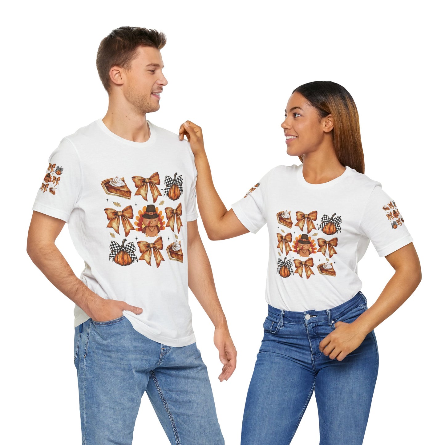 Thanksgiving and bows, Unisex Jersey Short Sleeve Tee (sleeve design)