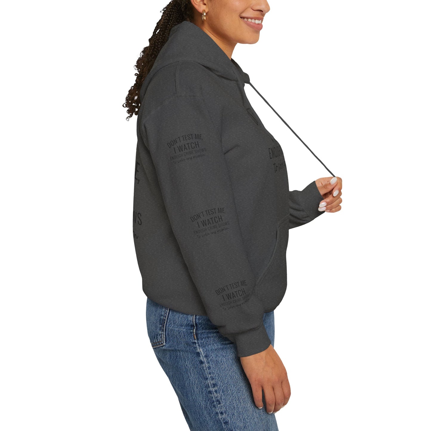 True crime watcher arm design, Unisex Heavy Blend™ Hooded Sweatshirt (side arm design)