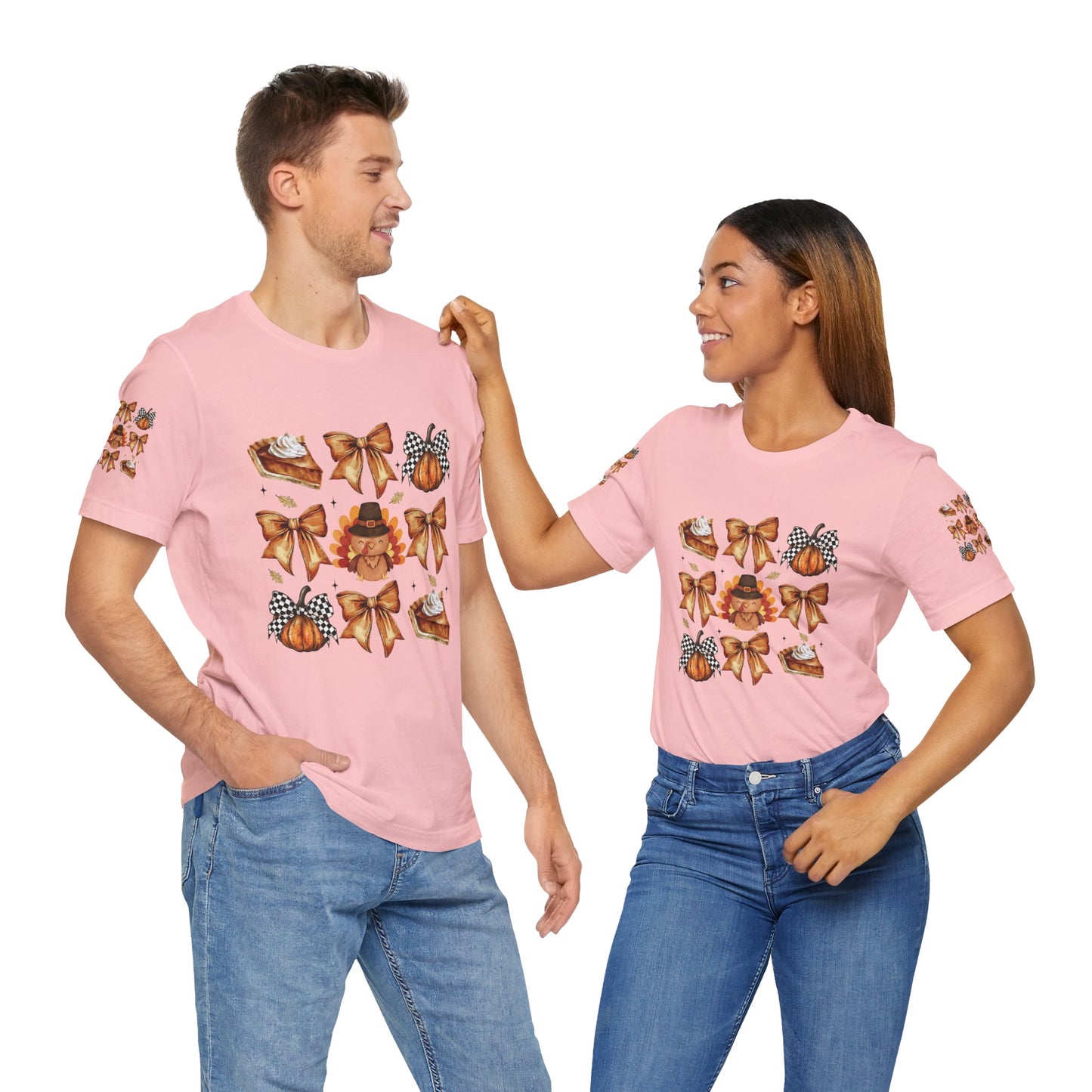 Thanksgiving and bows, Unisex Jersey Short Sleeve Tee (sleeve design)