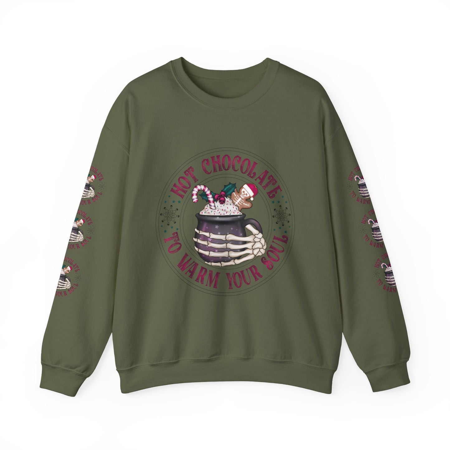 Hot chocolate to warm up my soul, Unisex Heavy Blend™ Crewneck Sweatshirt (Sleeve design)