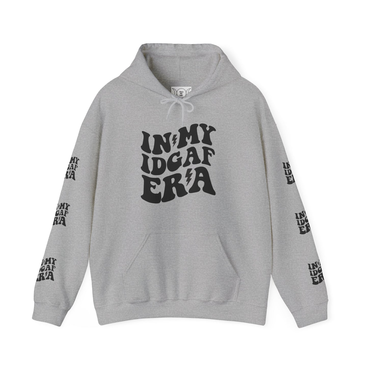 In my IDGAF era,  Unisex Heavy Blend™ Hooded Sweatshirt (side arm design)