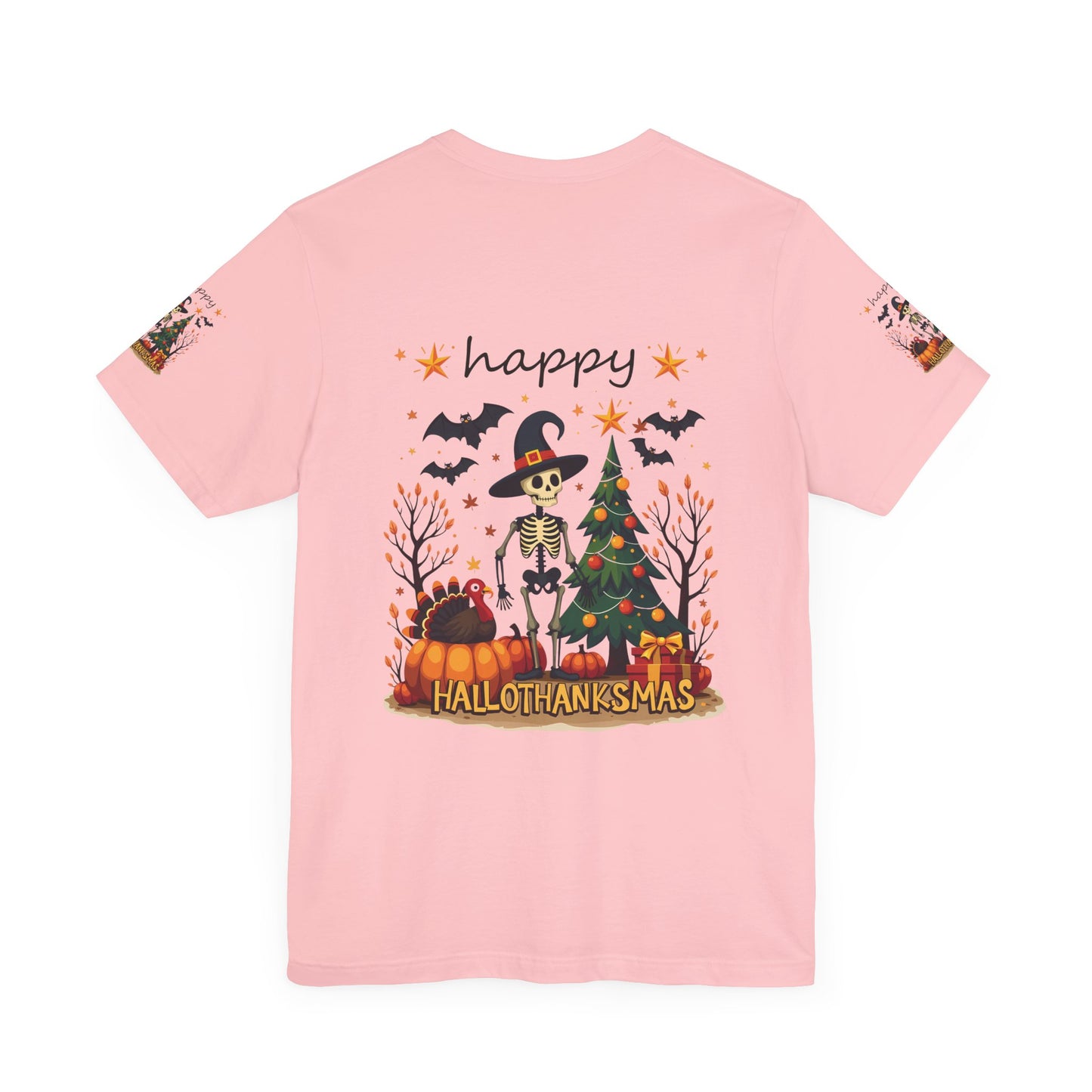 Hello hallothanksmas, Unisex Jersey Short Sleeve Tee ( sleeve design)