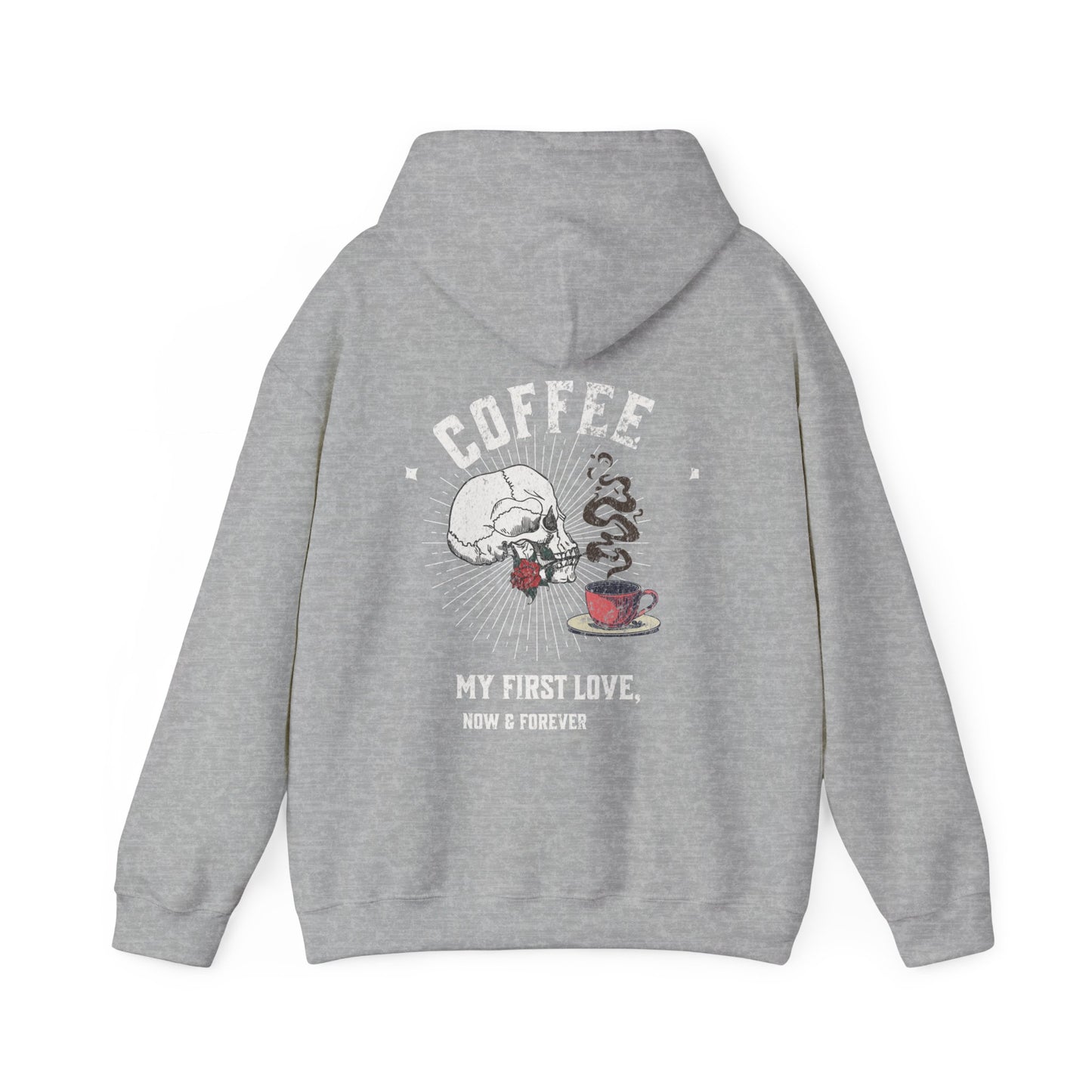 Coffee my first love now & forever, Unisex Heavy Blend™ Hooded Sweatshirt (no sleeve arm design)