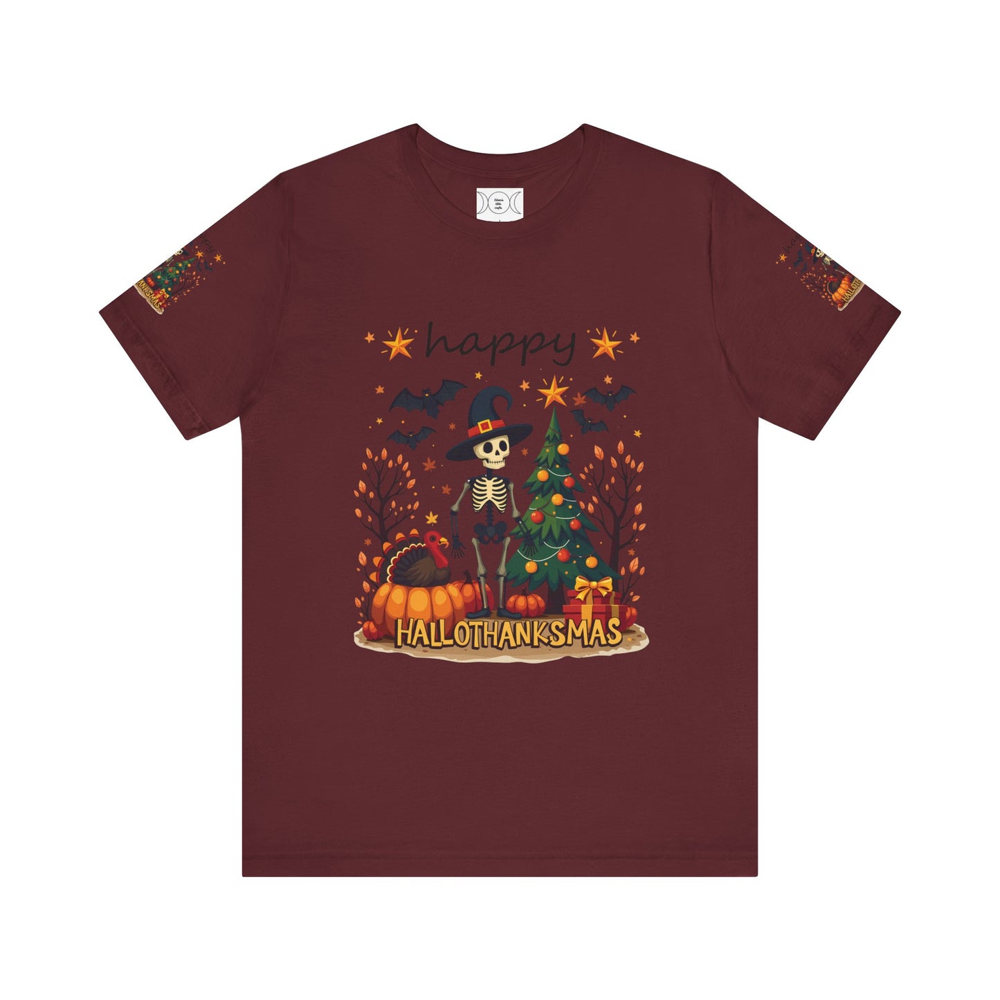 Hello hallothanksmas, Unisex Jersey Short Sleeve Tee ( sleeve design)